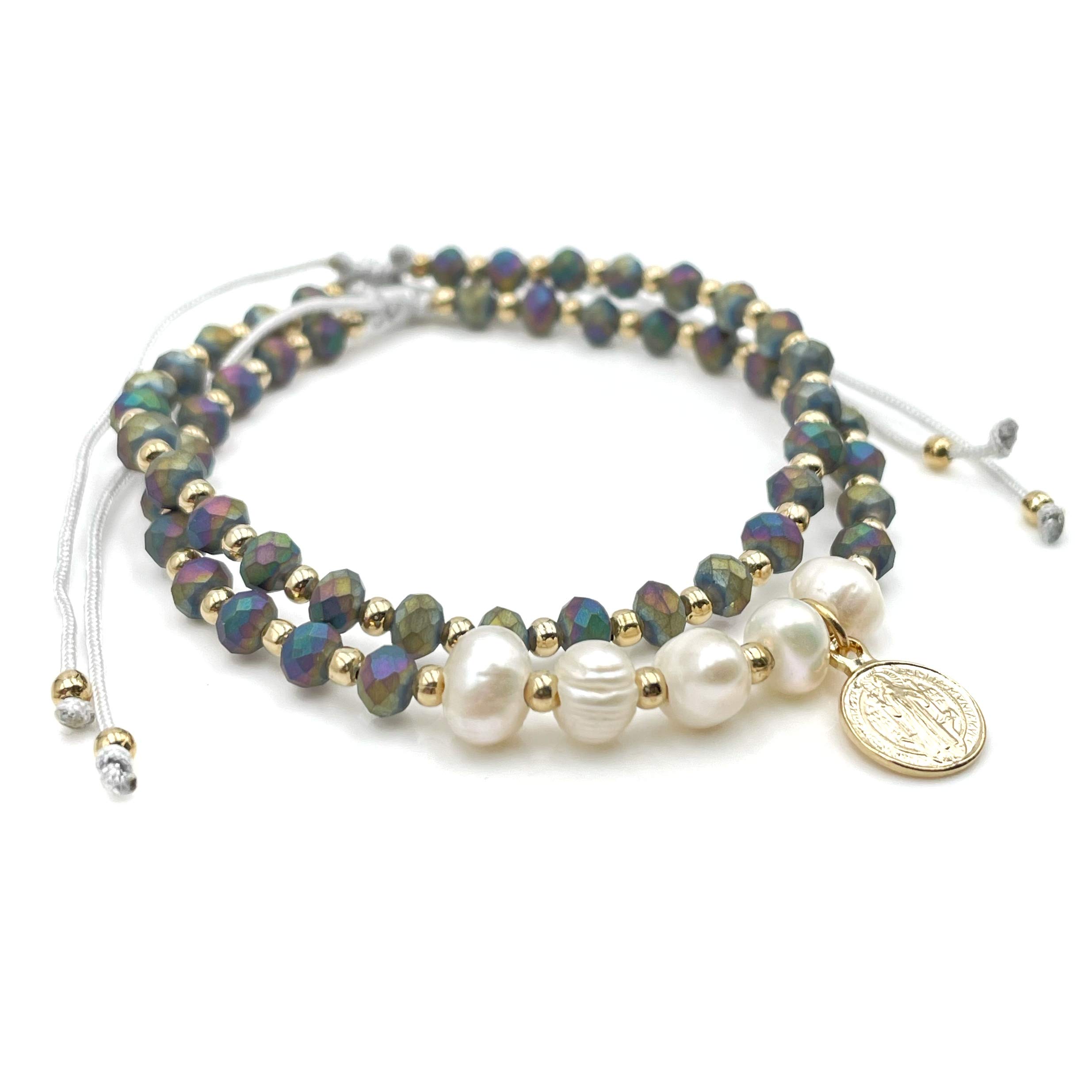 CRUZONECRUZONE Stylish Women's Jewelry with St. Benedict Medal Adjustable Handmade Bracelet Set of Two (Grey)