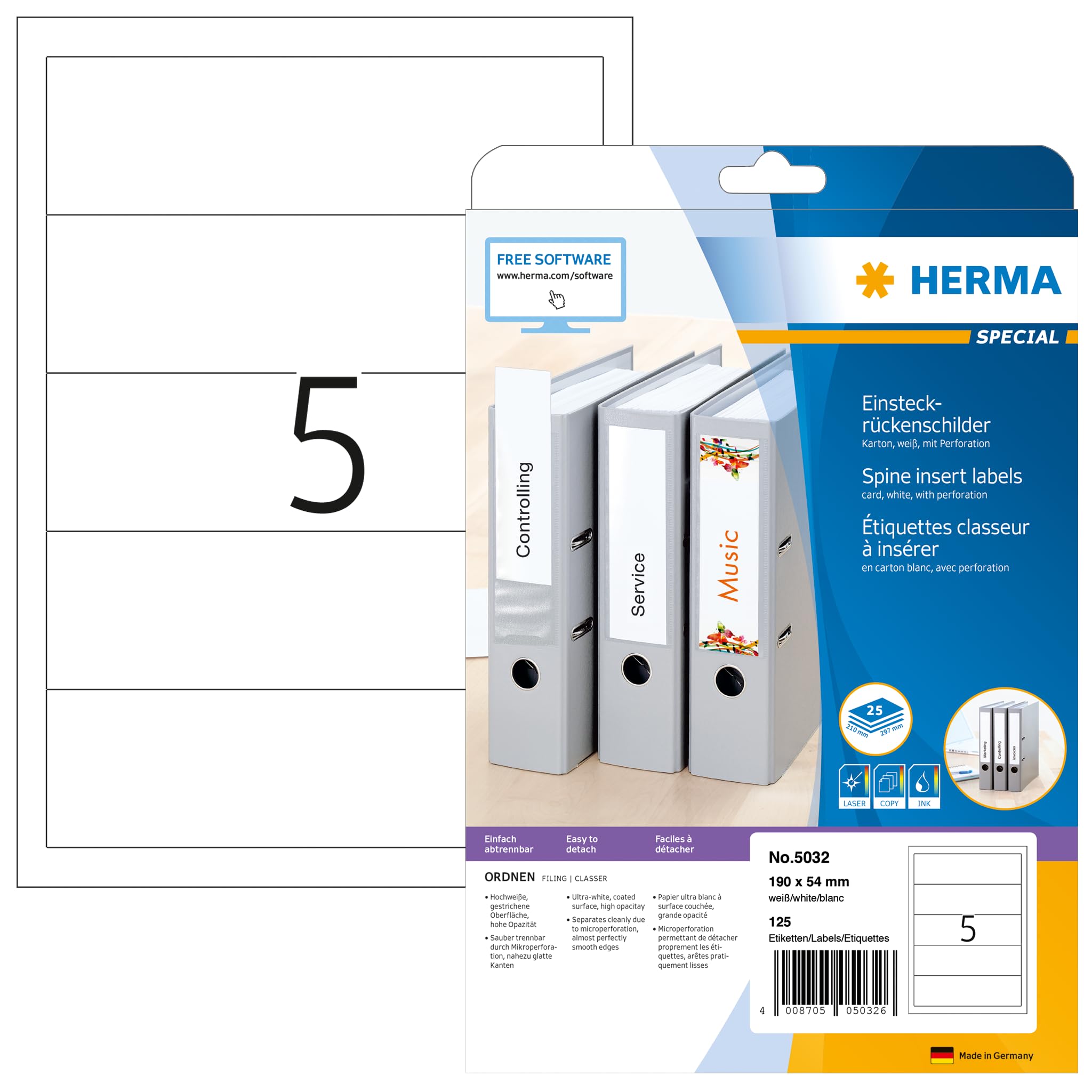 HERMA 5032 - Set di 32 etichette per raccoglitori DIN A4 corto/largo, 190 x 54 mm, 800 fogli, cartoncino, perforate, stampabili, non adesive, 4.000 etichette dorso, colore: bianco