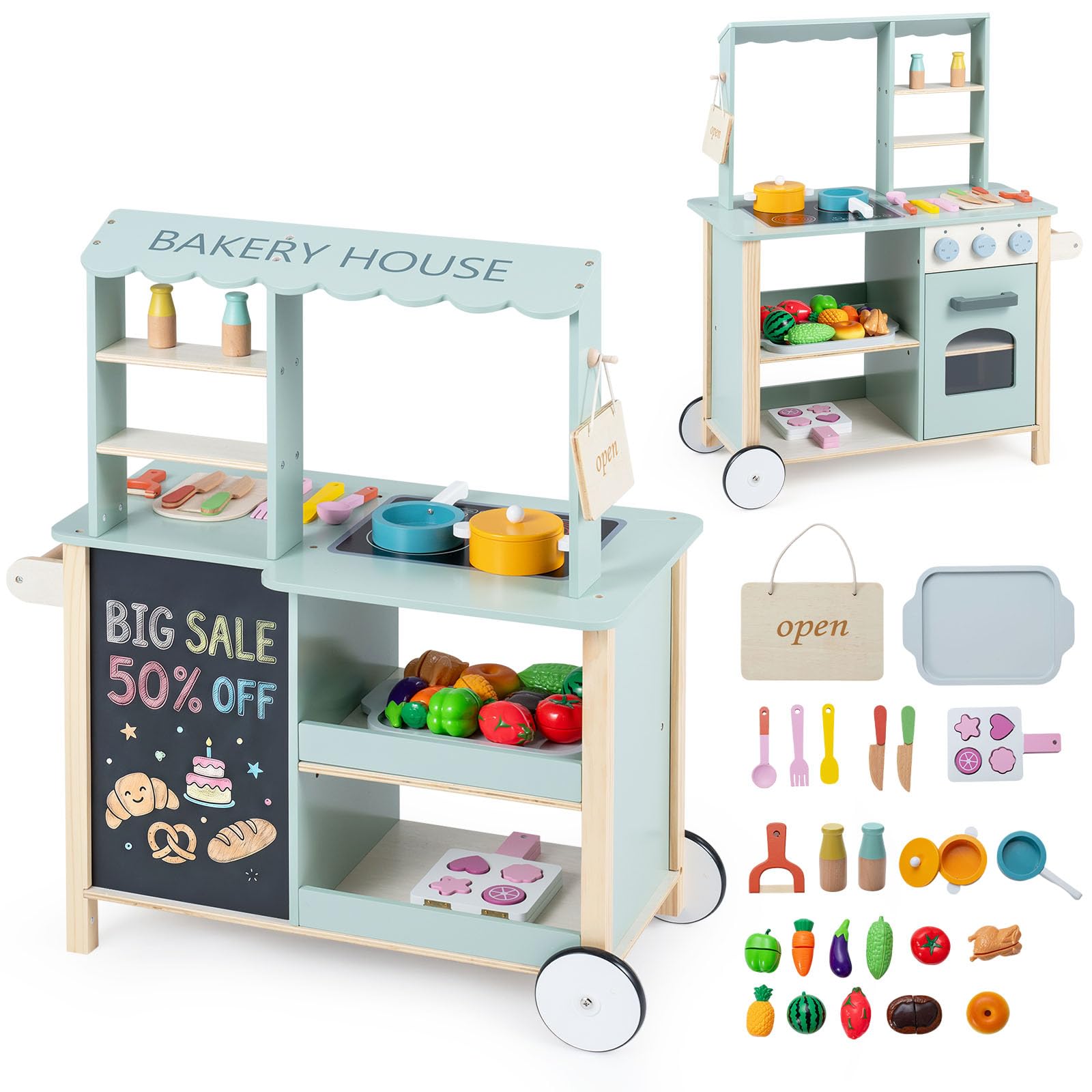 COSTWAY Cucina Realistica per Bambini 3+ Anni, 67 x 34 x 81 cm | Set Cucina Giocattolo per Interno ed Esterno con Piano Cottura, Forno, Lavagna, 4 Ripiani, Ruote e Accessori Giocattolo