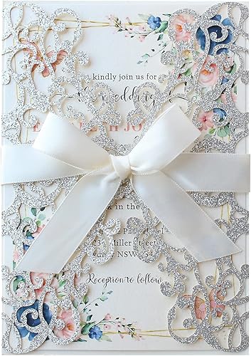 50 kits de invitación de boda con purpurina plateada de 5.12 x 7.28 pulgadas, cortadas con láser, tarjetas de invitaciones de bolsillo floral hueco disponible en Yaxa Venezuela