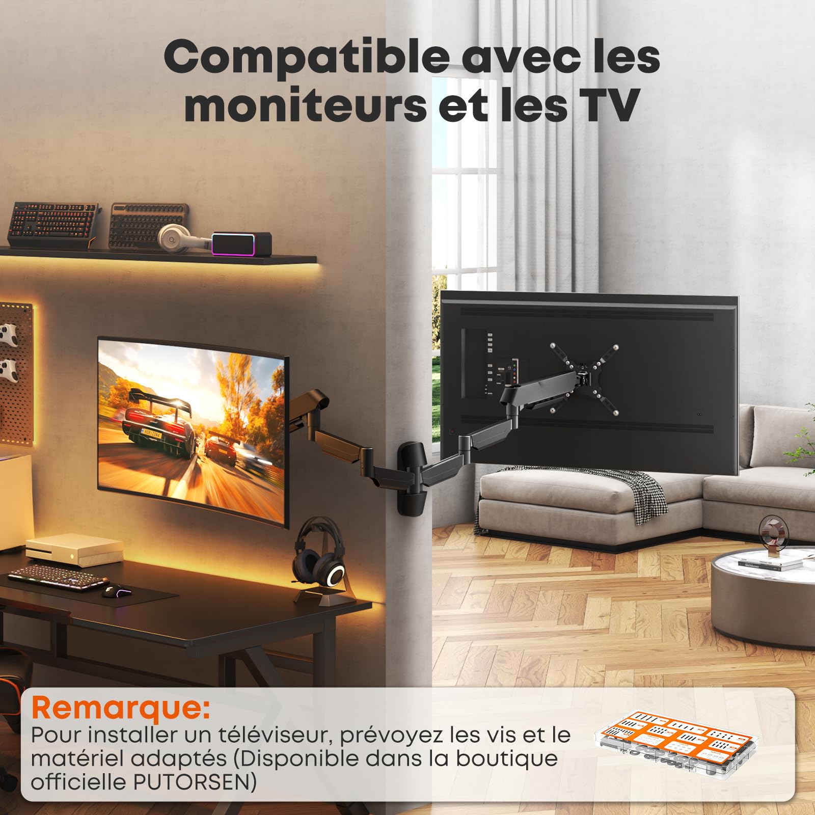 Support Écran Mural Extra Long pour Moniteur 17-45 Pouces