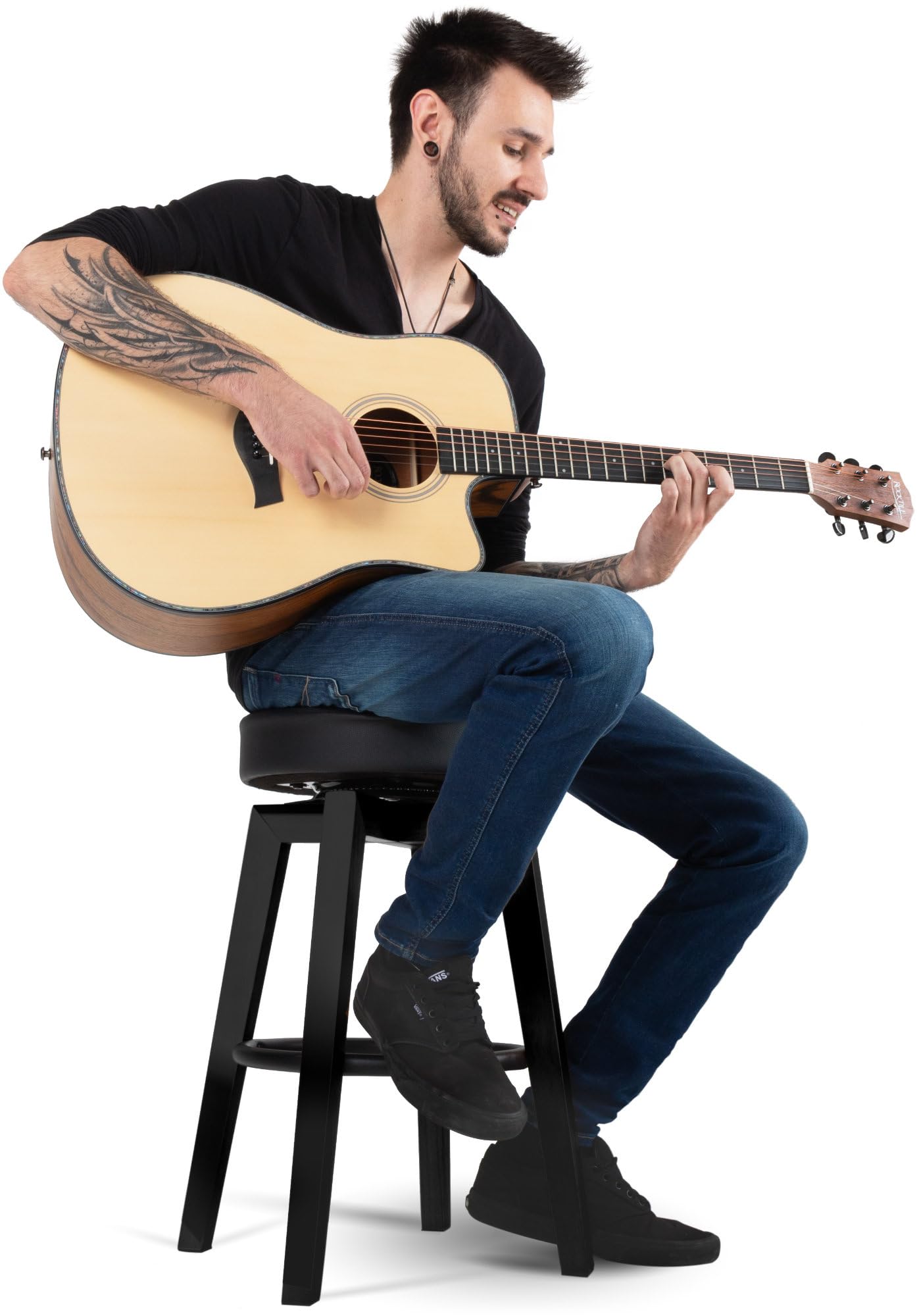 Classic Cantabile Pub-Hocker - Niedriger Barhocker für Gitarristen - Gitarrenhocker mit Fußstütze - Runde, drehbare Sitzfläche aus Kunstleder - Sitzhöhe: 24" - Vier Beine aus Holz - Schwarz matt