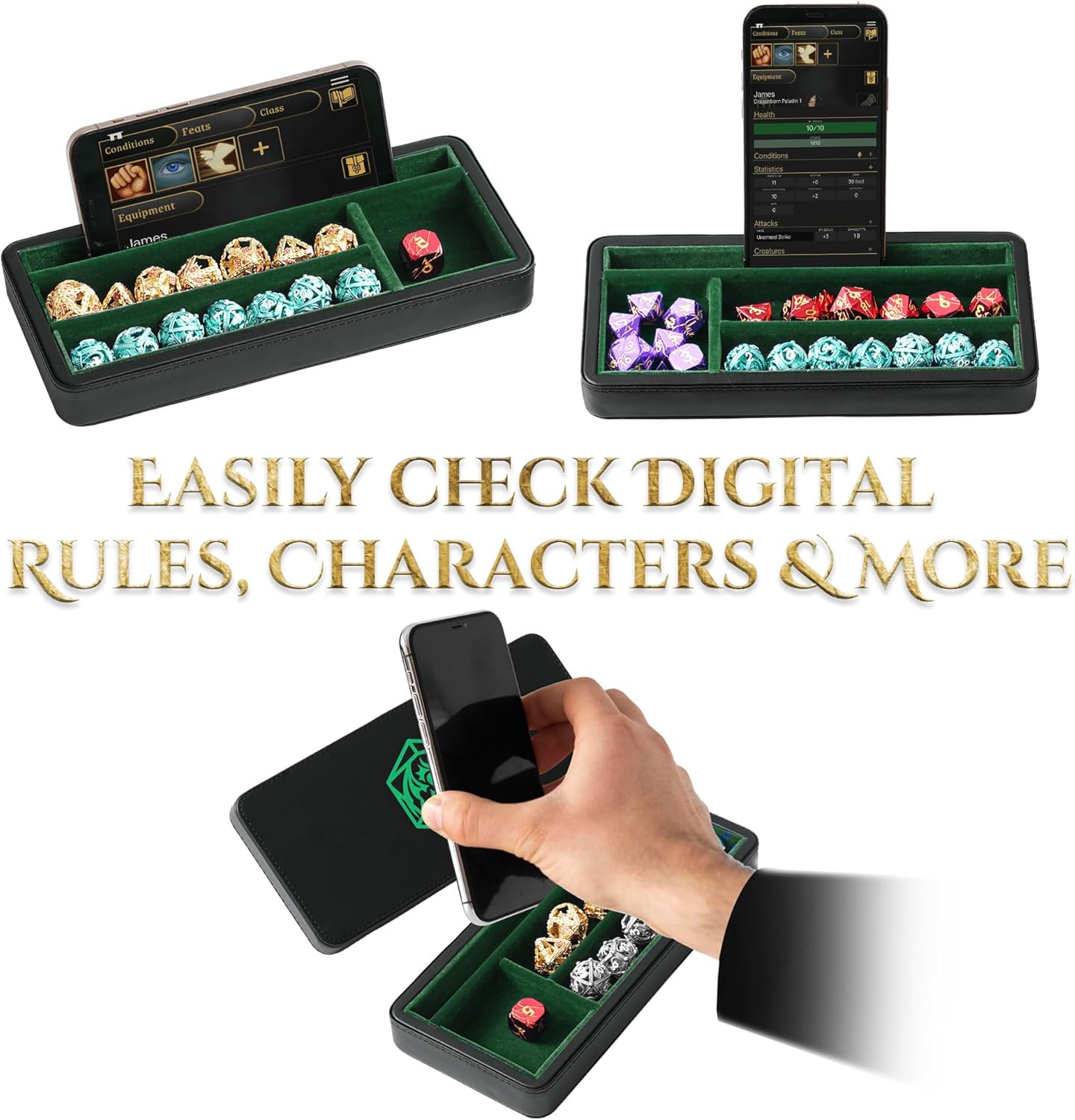 Soar Forge Sanctum Dice Box - Premium Case & Dice Tray for DND - Phone/Pen Slot, Magnetic Lid and Storage for your Sets, Mini's and More - Felt-Lined Vault Holder for D&D and RPG (Emerald Green)