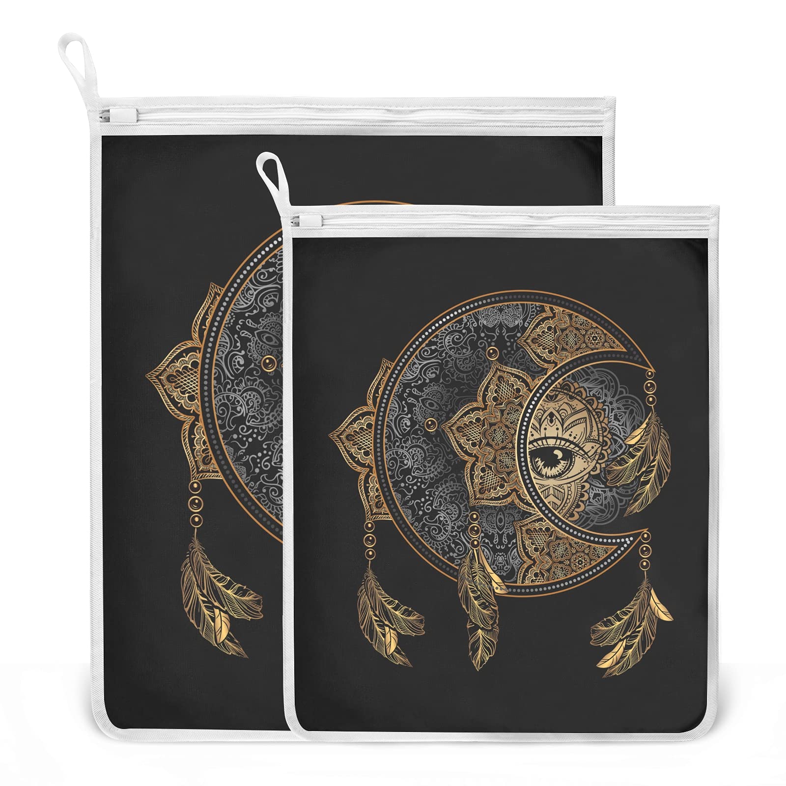 Poeticcity Multi 19 Chic Tattoo Golden Crescent Moon And Sun Mandala Astrology 2 Pack Polyester Reusable Machine Washable Mesh Laundry Bags, Travel Dirty Bag For Bra, Socks, Shoes On Home Camp Trip