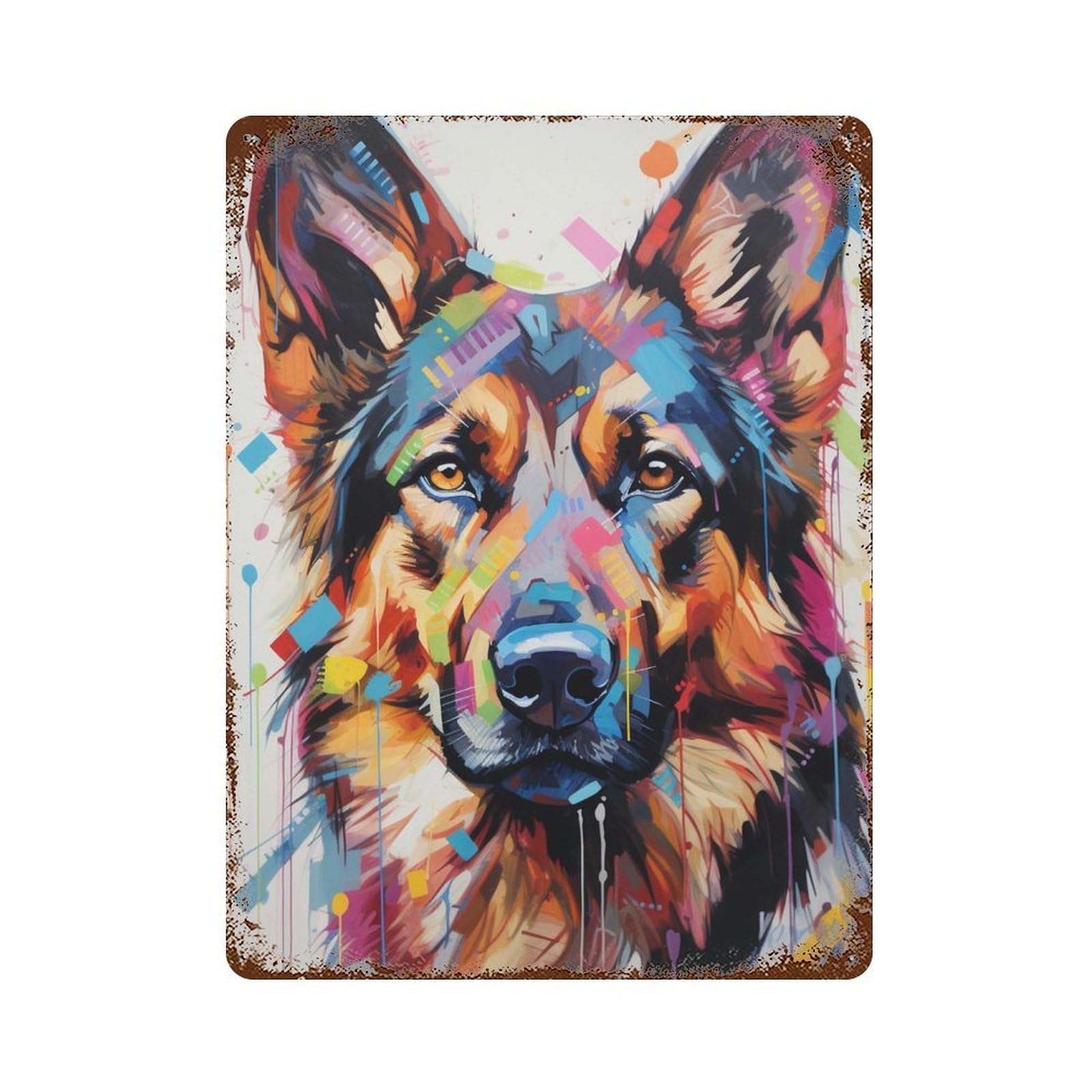 Colorful German Shepherd Art Print 15.7"x11.8" Vintage Rust Metal Sign, Novelty Wall Decor for Living Room, Hallway And Home Decor