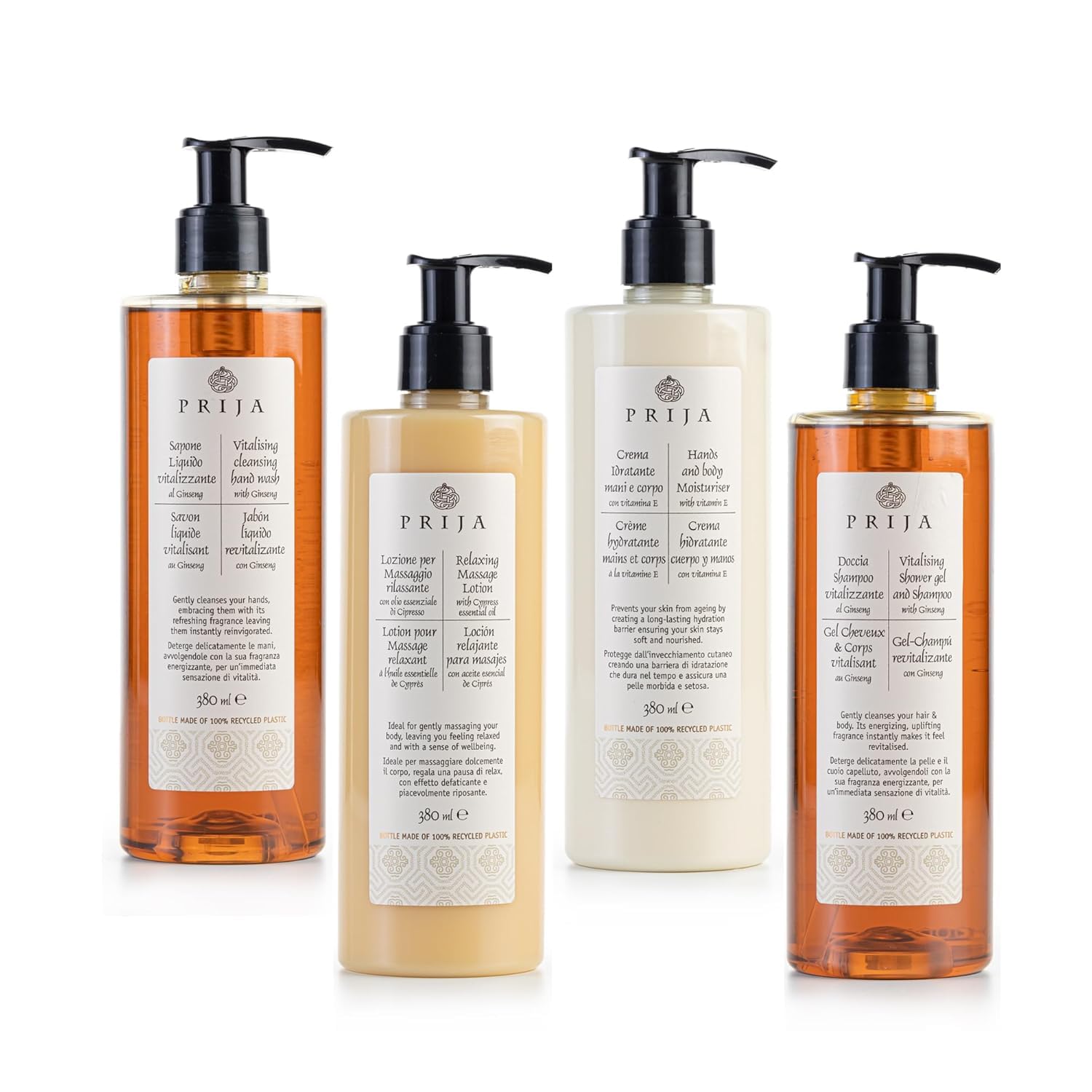 Prija Set XL 4 x 380 ml sapone liquido rivitalizzante con ginseng, shampoo per pelle e capelli rivitalizzante con ginseng, lozione per mani e corpo, lozione per massaggi
