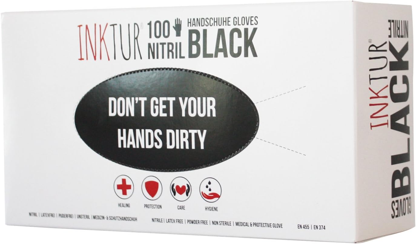 Inktur black nitrile disposable gloves, powder free, sizes S, M, L, XL, for tattoo, piercing, and food
