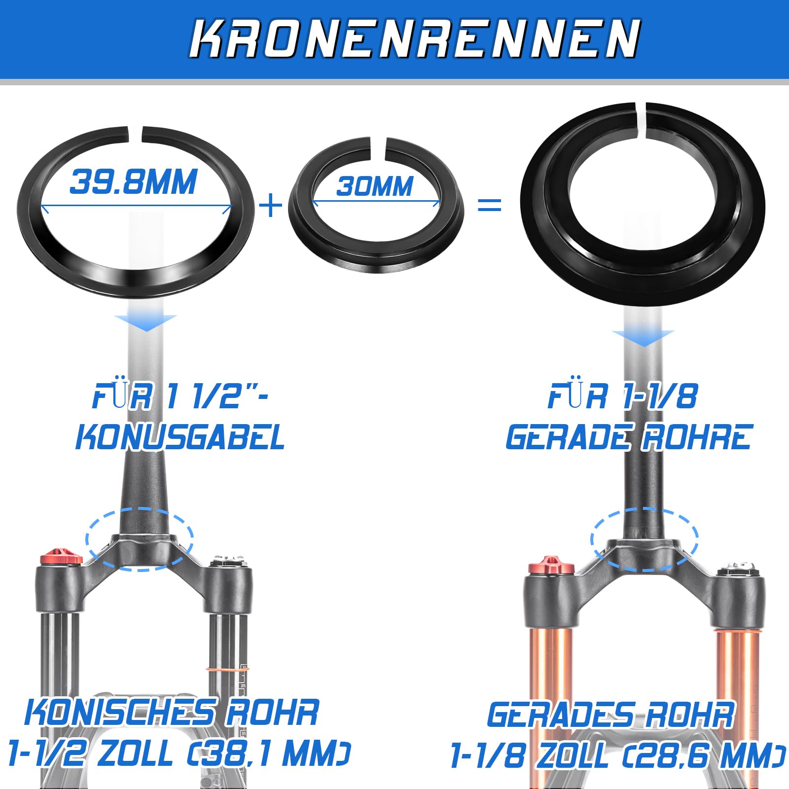 1-1/8 Fahrrad-Steuersatz MTB Gewindefrei 34 44 44-55 44-56 mm, gerades konisches Rohr Mountainbikes Rennrad Doppelt abgedichtete Lager Steuersätze, für Rahmen Gabel-Expander-Stopfen Sternmutter