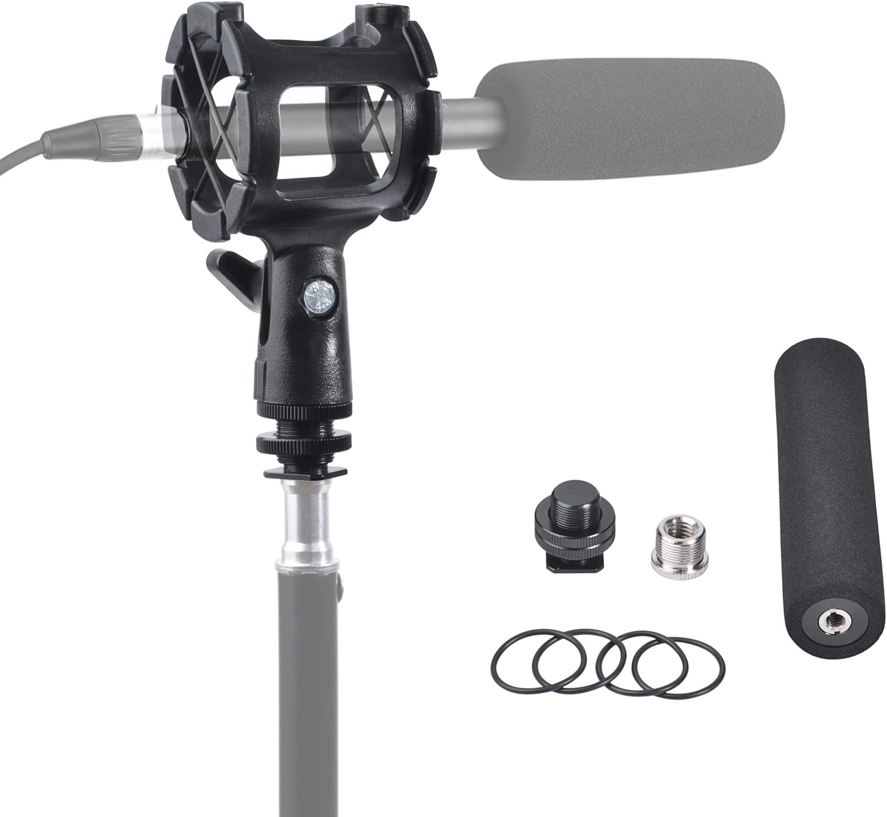 Bestshoot Microphone Shock Mount Holder Clip + Hot Shoe Adapter + 5/8” to 3/8” Screw Adapter + 4pack Replace Silicon O Ring + Foam Handheld Grip for AKG D230 Senheisser Me66 Rode NTG-1 Audio Technica