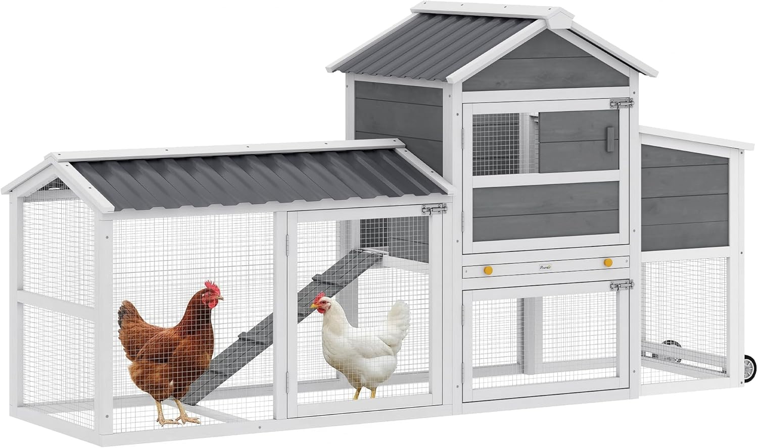 PawHut Chicken Coop with Wheels, 80" L Mobile Hen House with Run, Outdoor Wooden Chicken House with Nesting Box, Removable Tray, Ramp, Poultry Cage for 2-3 Hens, Gray