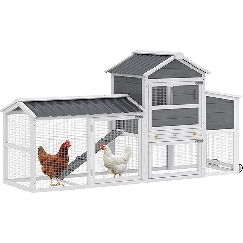 PawHut Chicken Coop with Wheels, 80" L Mobile Hen House with Run, Outdoor Wooden Chicken House with Nesting Box, Removable Tray, Ramp, Poultry Cage for 2-3 Hens, Gray
