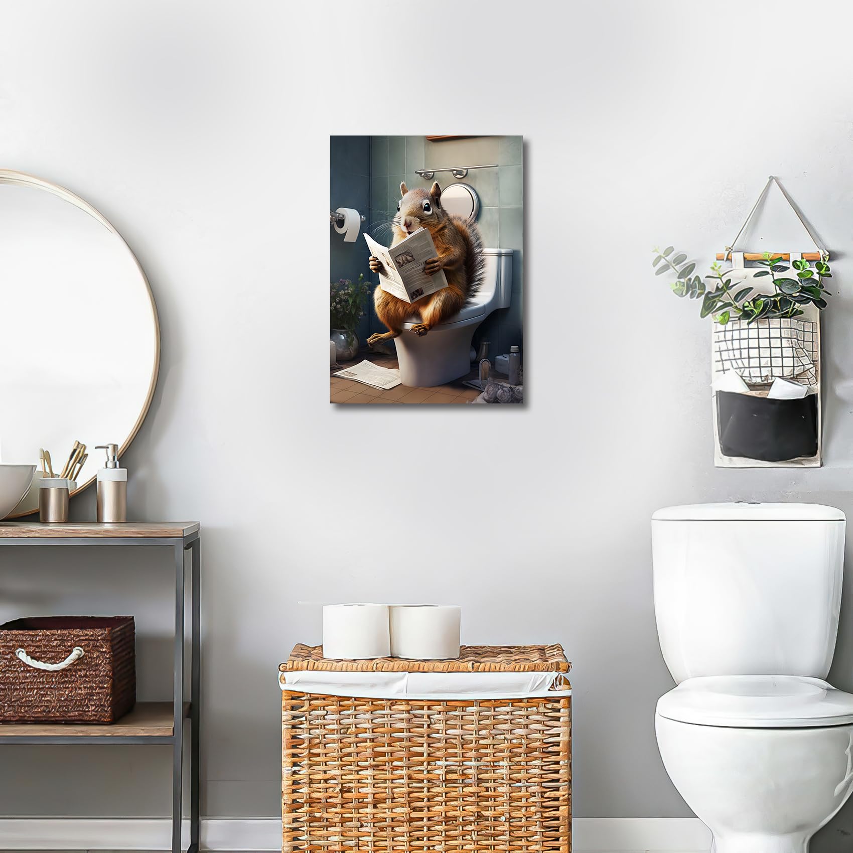 Wooden Framed Bathroom Canvas Wall Art Squirrels on The Toilet Picture Painting Poster Yellow Brown Humor Animals Canvas Prints Living Room Gallery Hallway Corridor Toilet Bathroom Wall Decor 30x40cm - Image 3