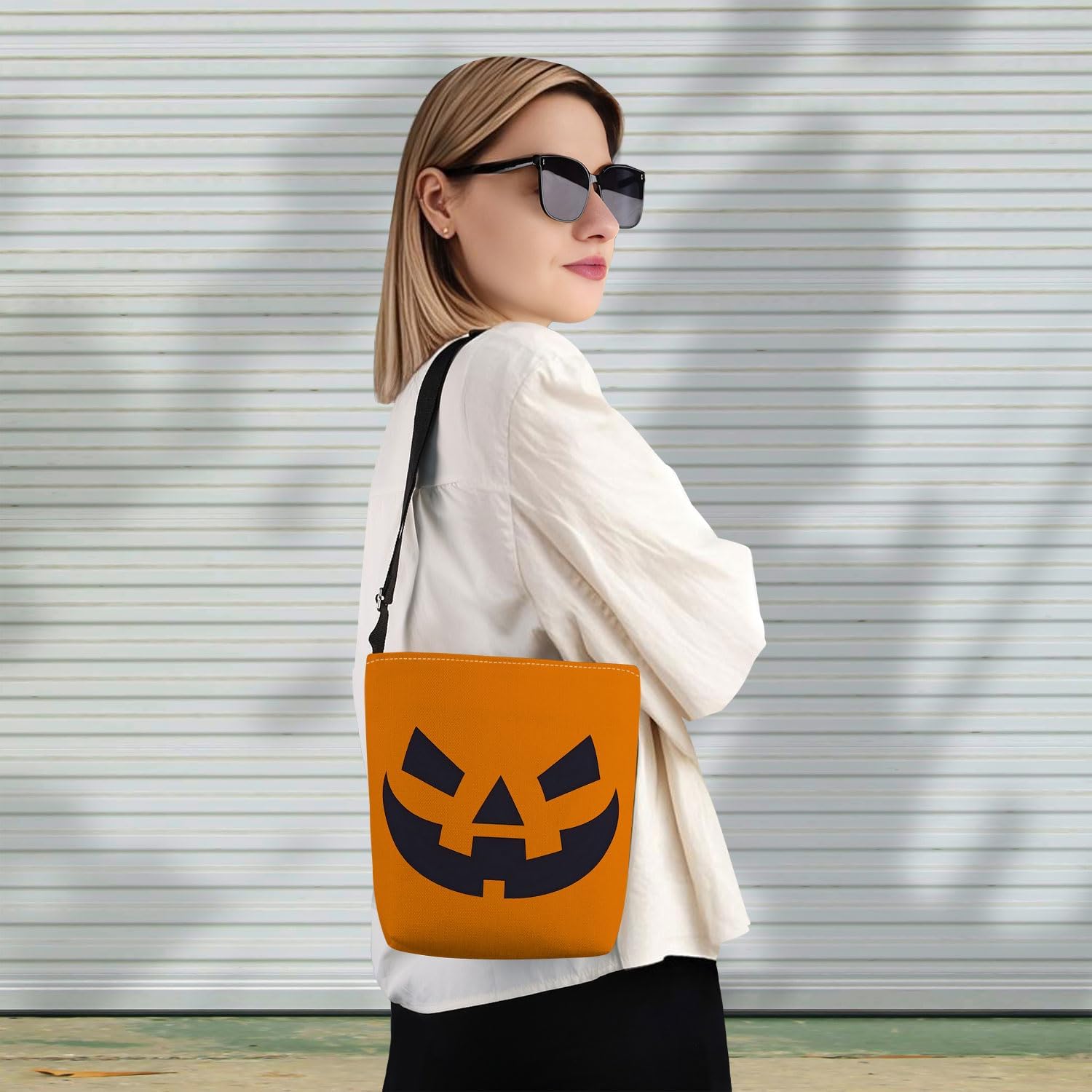 Pumpkin Face Print Canvas Crossbody Bag, Adjustable Strap Lightweight Purse with Top Zipper & Inner Pocket, Daily Shoulder Bag Halloween Present for Women - Image 7