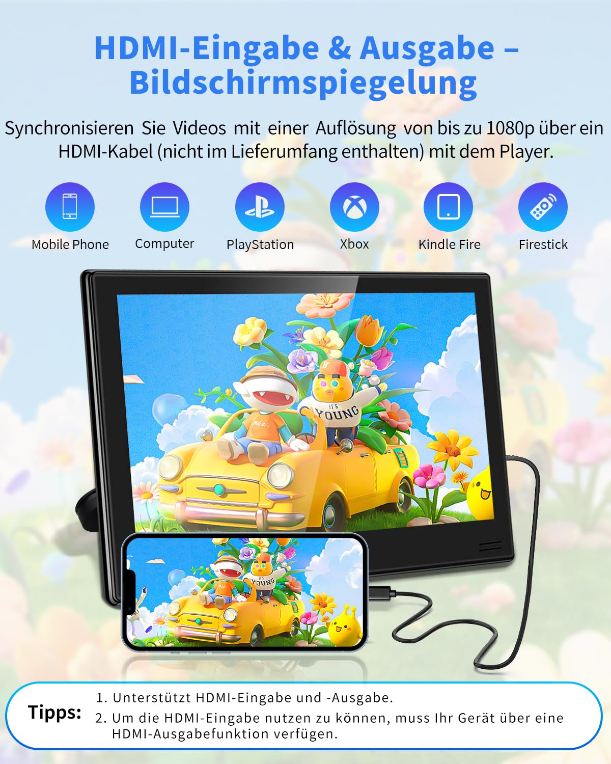 11,6" DVD Player Auto mit HDMI-Eingang & Ausgang, Tragbarer Auto DVD-Player mit Kopfstützenhalterung, Disc-Eingang mit Saugnapf, Unterstützt Letzter Speicher, USB/TF-Karte