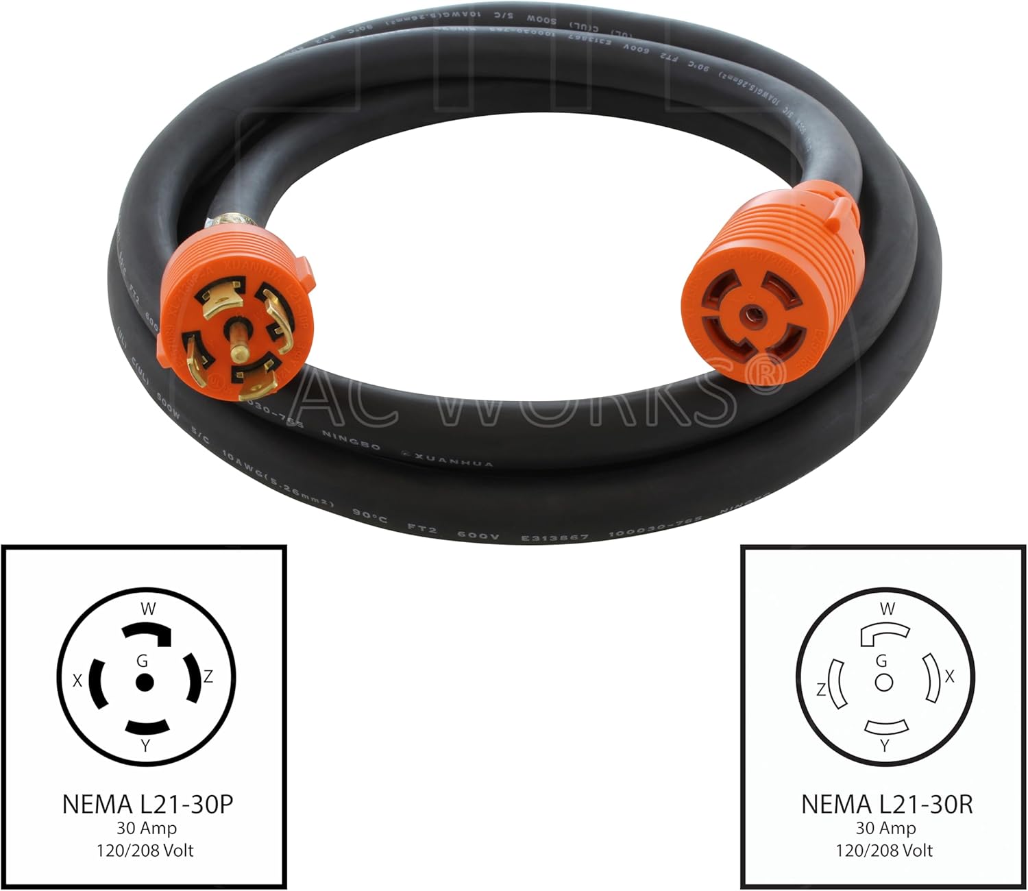 AC WORKS [L2130PR] SOOW 10/5 NEMA L21-30 30A 3-Phase 120/208V Industrial Rubber Extension Cord (10FT)