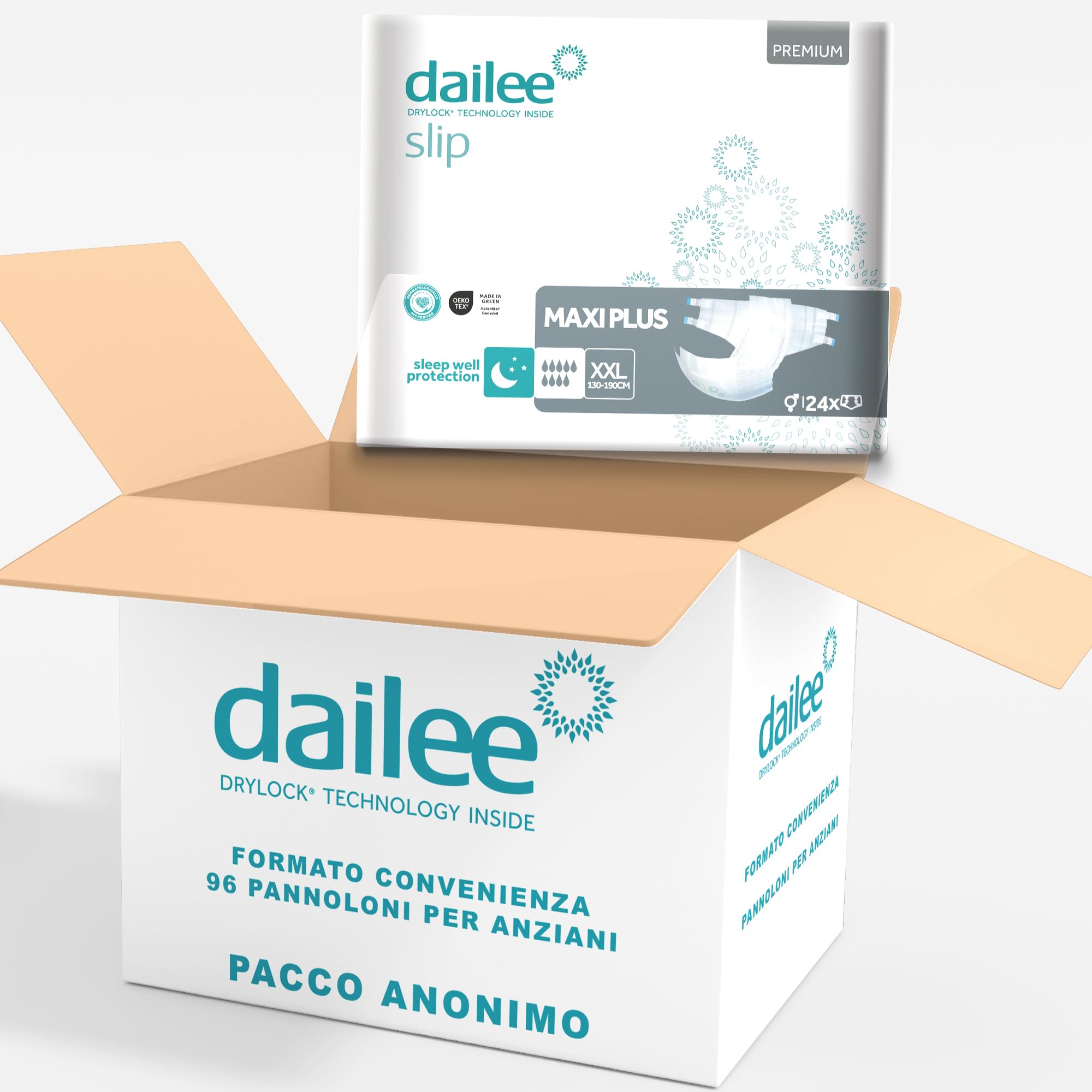 Dailee Slip Maxi Plus XXL - 96x Pannoloni Per Anziani Notte Super Assorbenti - 4 Confezioni da 24 Pezzi, Assorbenza 9 Gocce - Pannoloni per Anziani a Mutandina
