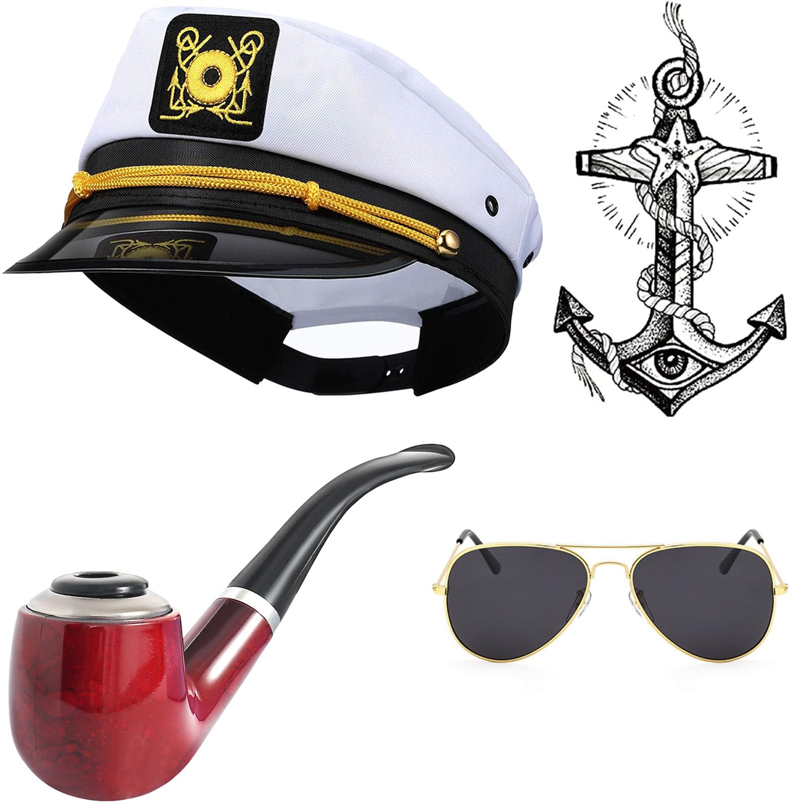 Yacht Captain & Sailor Costume Set - Hat,Corn Cob Pipe,Aviator Sunglasses,Vintage Anchor Temporary Tattoo