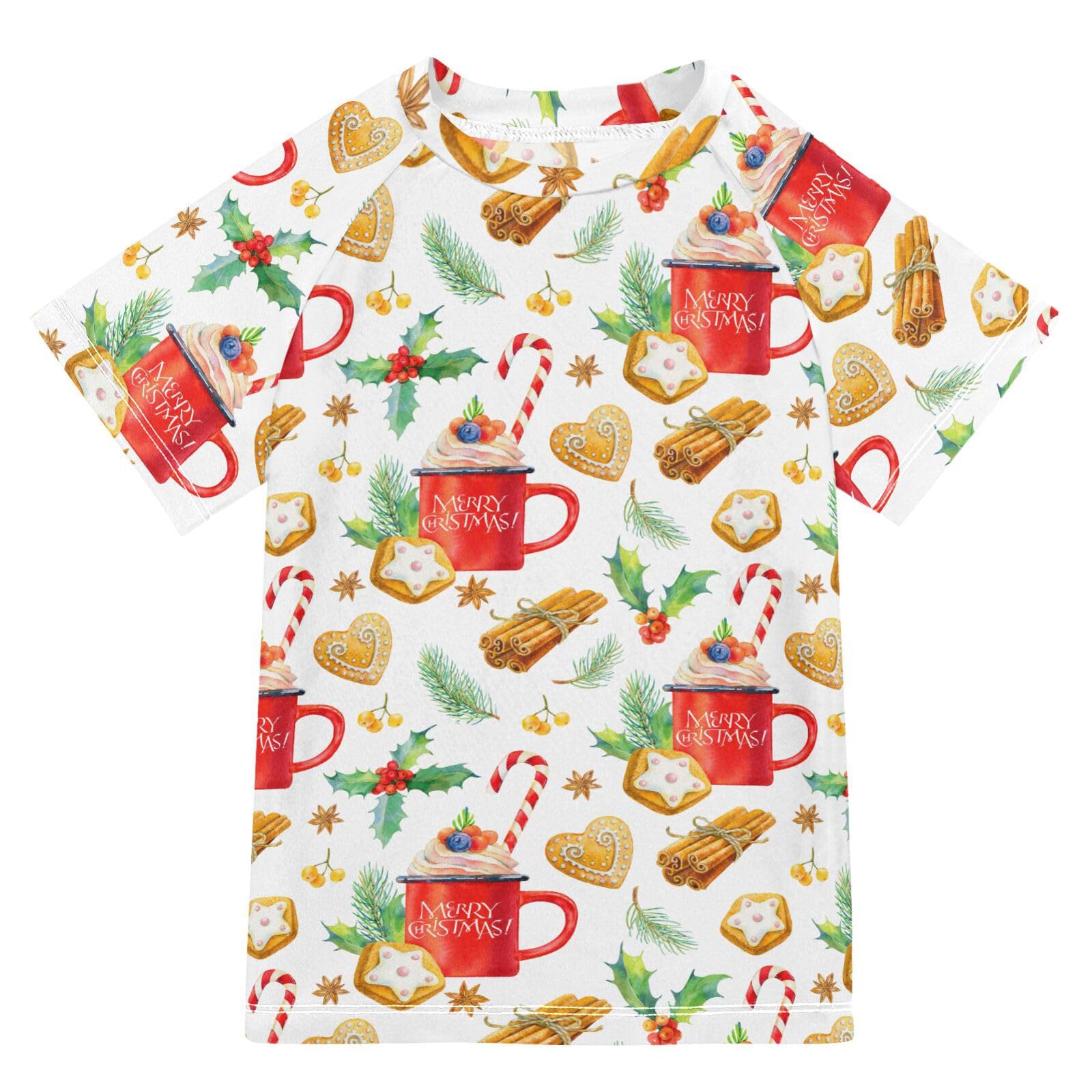 Aflyko Christmas Boys' Swim Shirt Winter Festive Gingerbread Rash Guard Beachwear Sun Protection Fishing Hiking Camping Surfing Swimming Toddler Infant Summer Daily T-Shirt, 4T Multicoloured