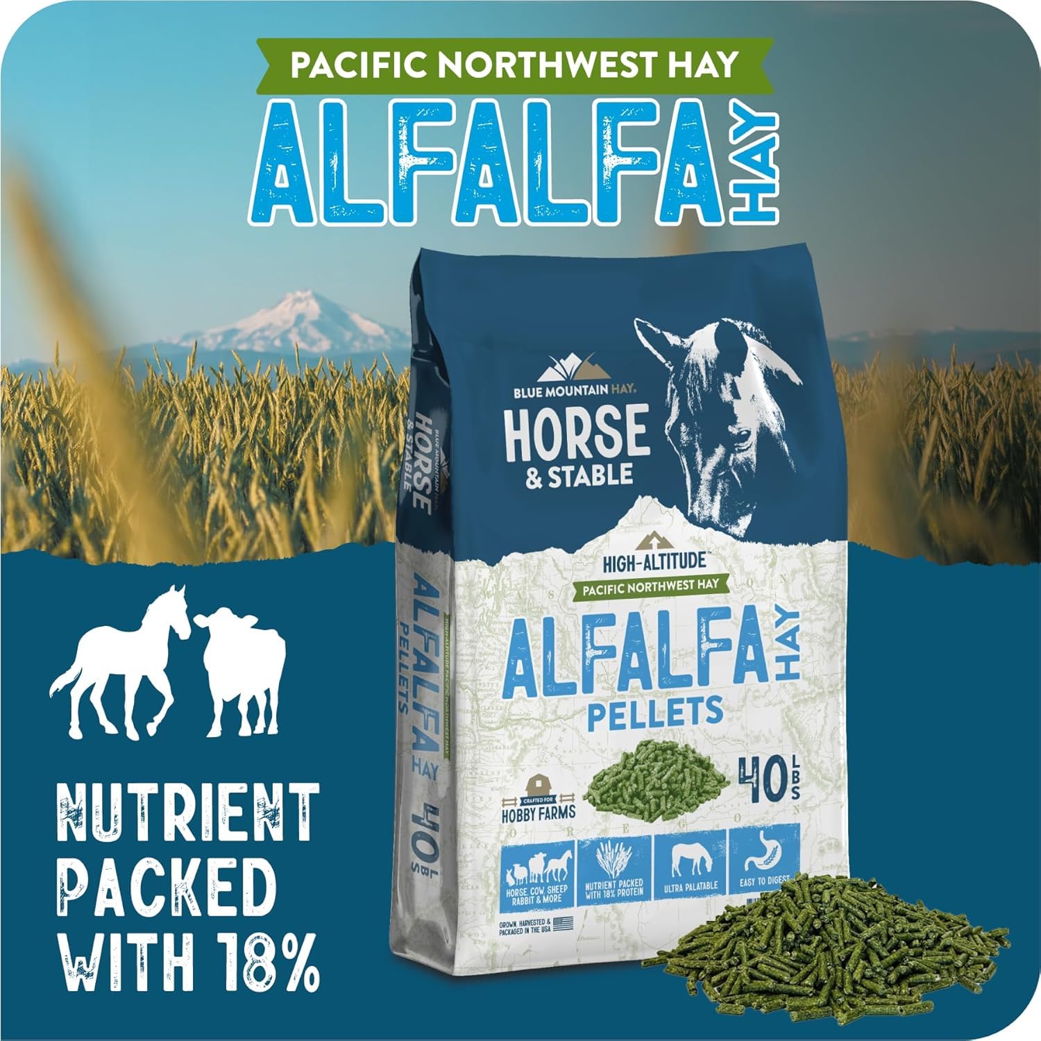 Blue Mountain Hay Alfalfa Heupellets in hoher Höhe (18 kg), Ultra Premium Nährstoffdichtes Futter, klein, schnell einweichen, staubarme Pellets, einfach zu messen, automatische Futterautomatik