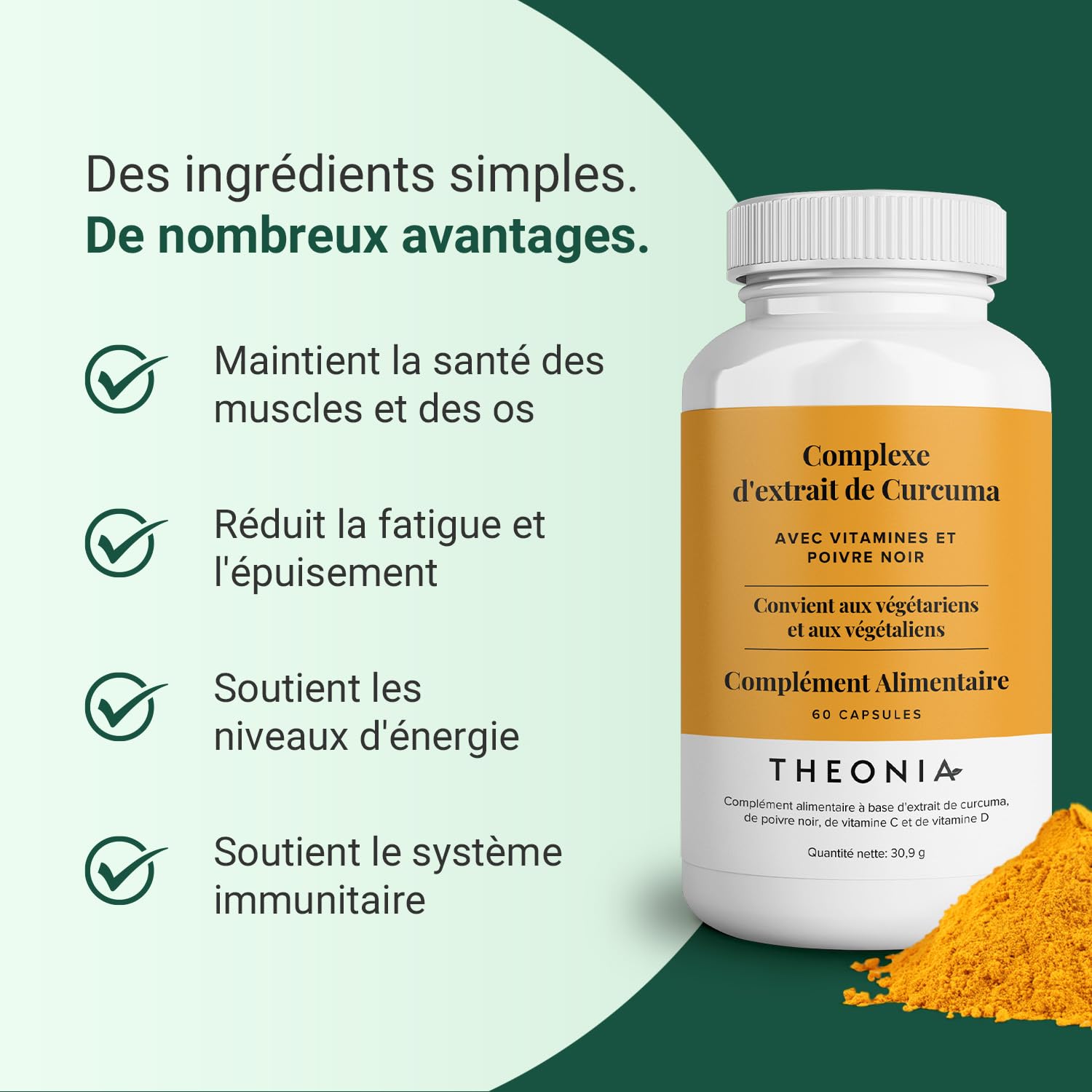 Complément alimentaire Complexe à l'extrait de curcuma de Theonia - Vitamine D3 et C, Poivre noir - Contribue à la bonne santé des muscles, des articulations et des os - 60 gélules - 200 mg