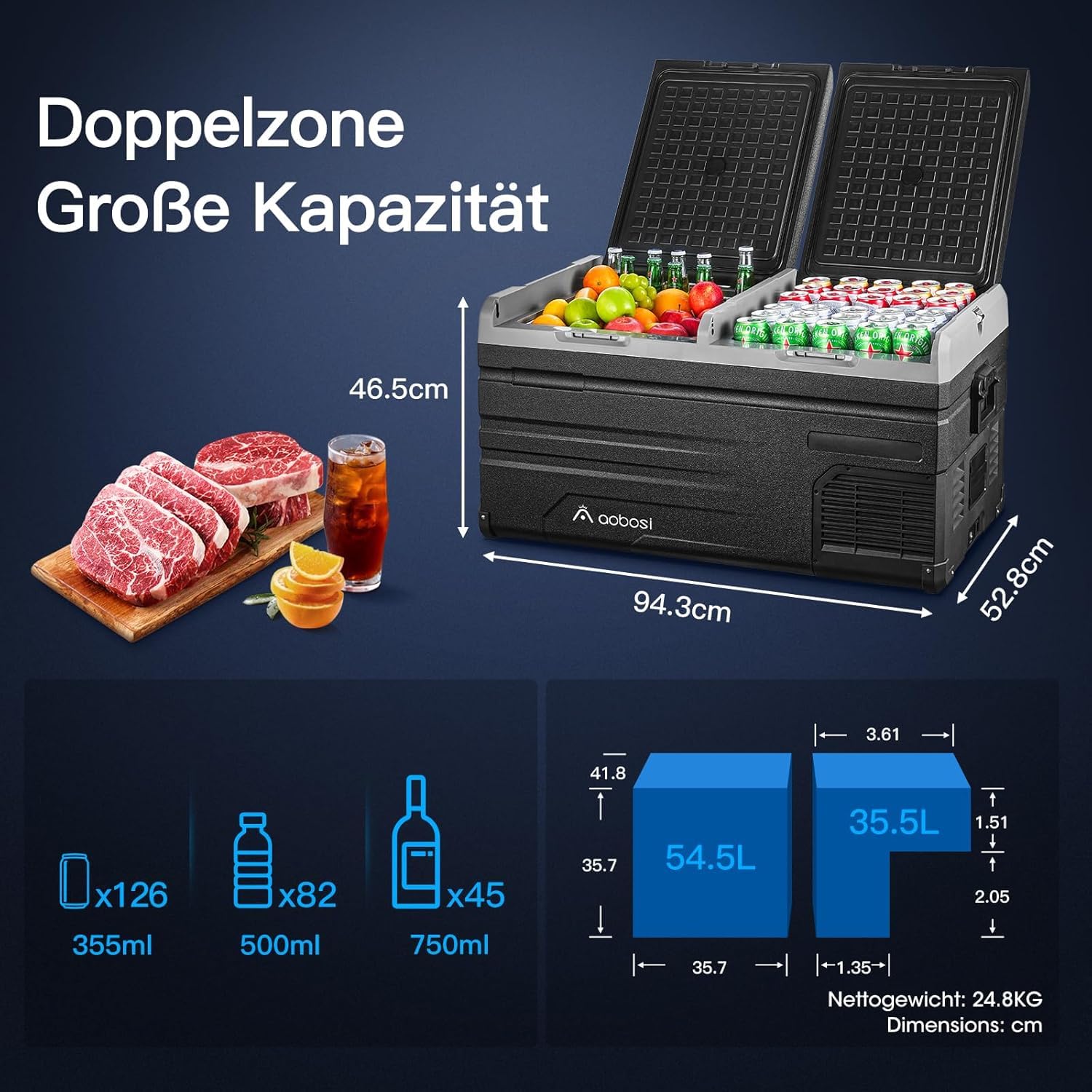 AAOBOSI Frigo Portatile, Frigo Per Auto Doppia Zona, Frigorifero da Viaggio con WiFi, -20 ℃ a 20℃, 12/24V DC e 100/240V AC,Per Auto, Camion, Camper, Barca e Presa Di Corrente