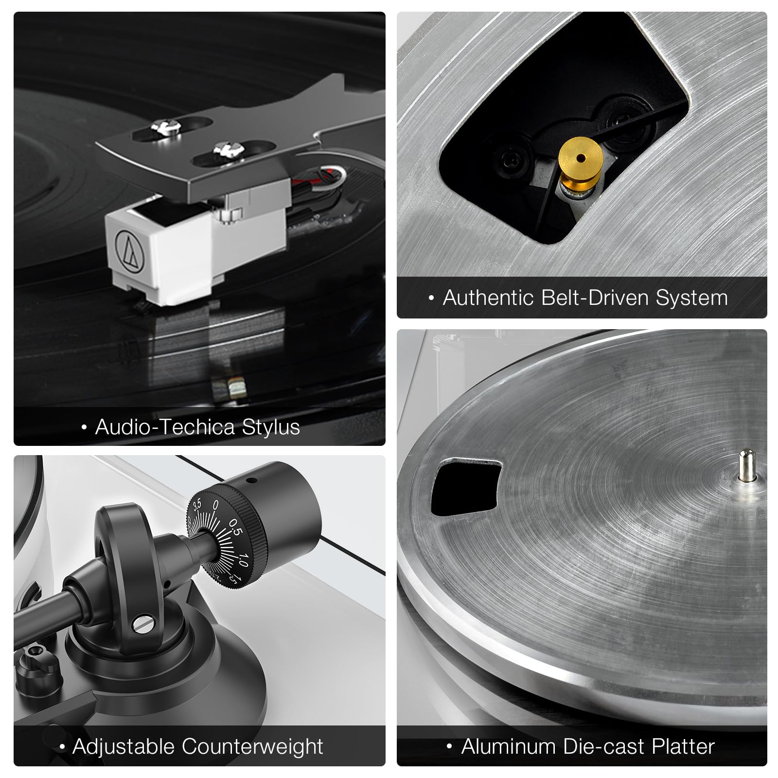 Giradischi Vinili Trasmissione a Cinghia con Connettività di Uscita Wireless, Lettore con Contrappeso Regolabile e Cartuccia Magnetica e 2 Velocità 33/45 RPM, Conversione USB, Linea Fono