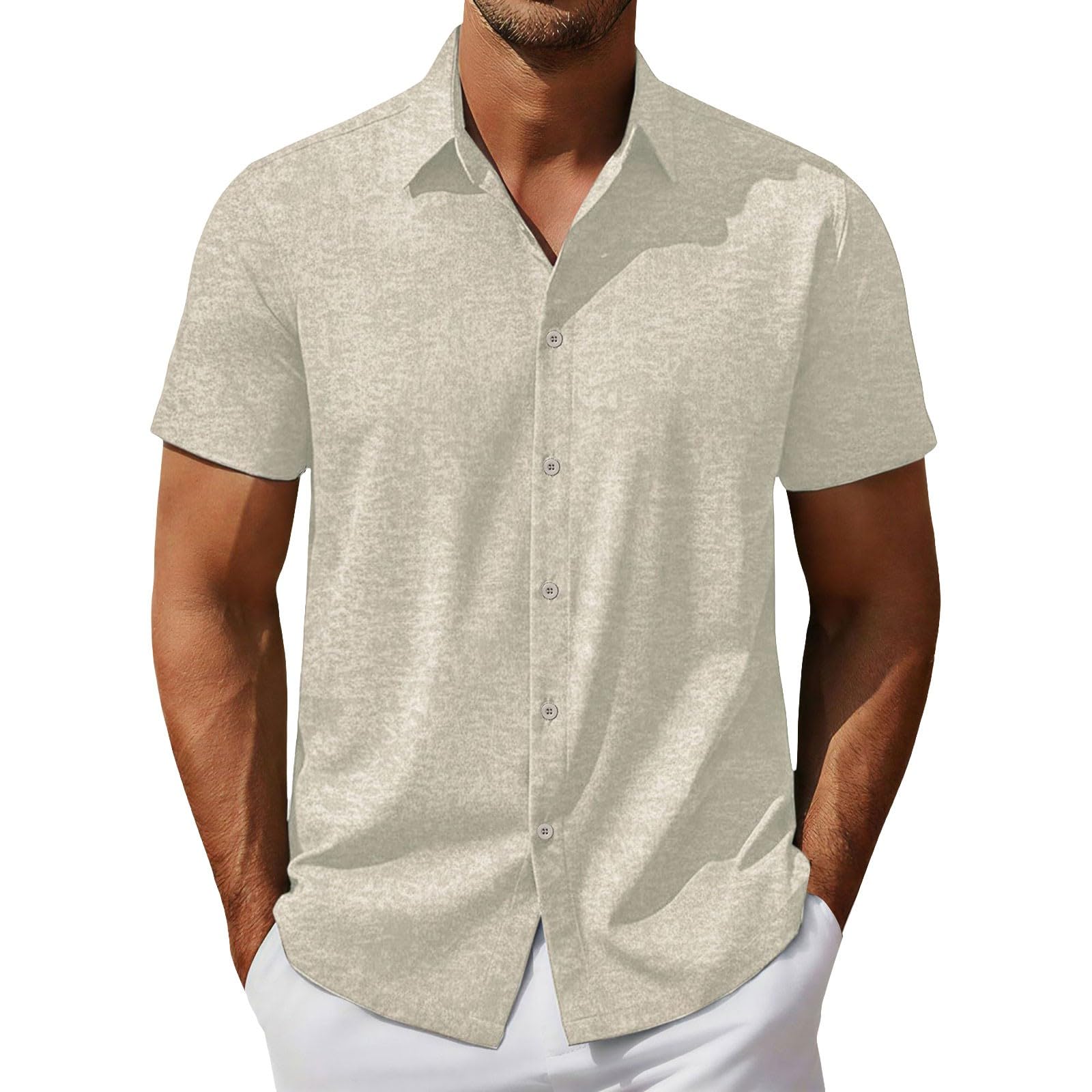 Camicia da uomo a maniche corte in tinta unita con colletto cubano - Casual Turn-Down collare button down top per street style