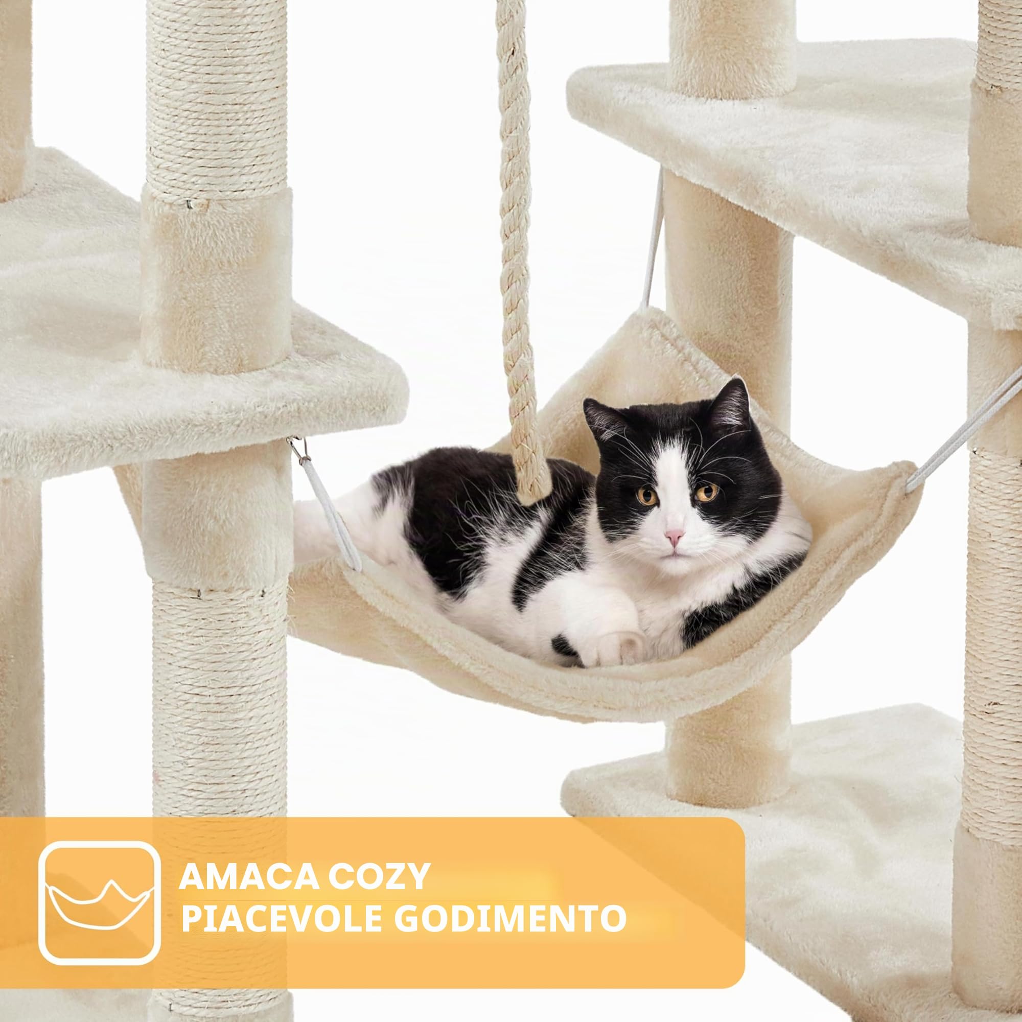 Yaheetech Albero Tiragraffi per Gatti Altezza 209 cm in Truciolato e Corda in Sisal con Condomini Posatoi e Amaca per Gioco e Pisolini Multilivello Beige