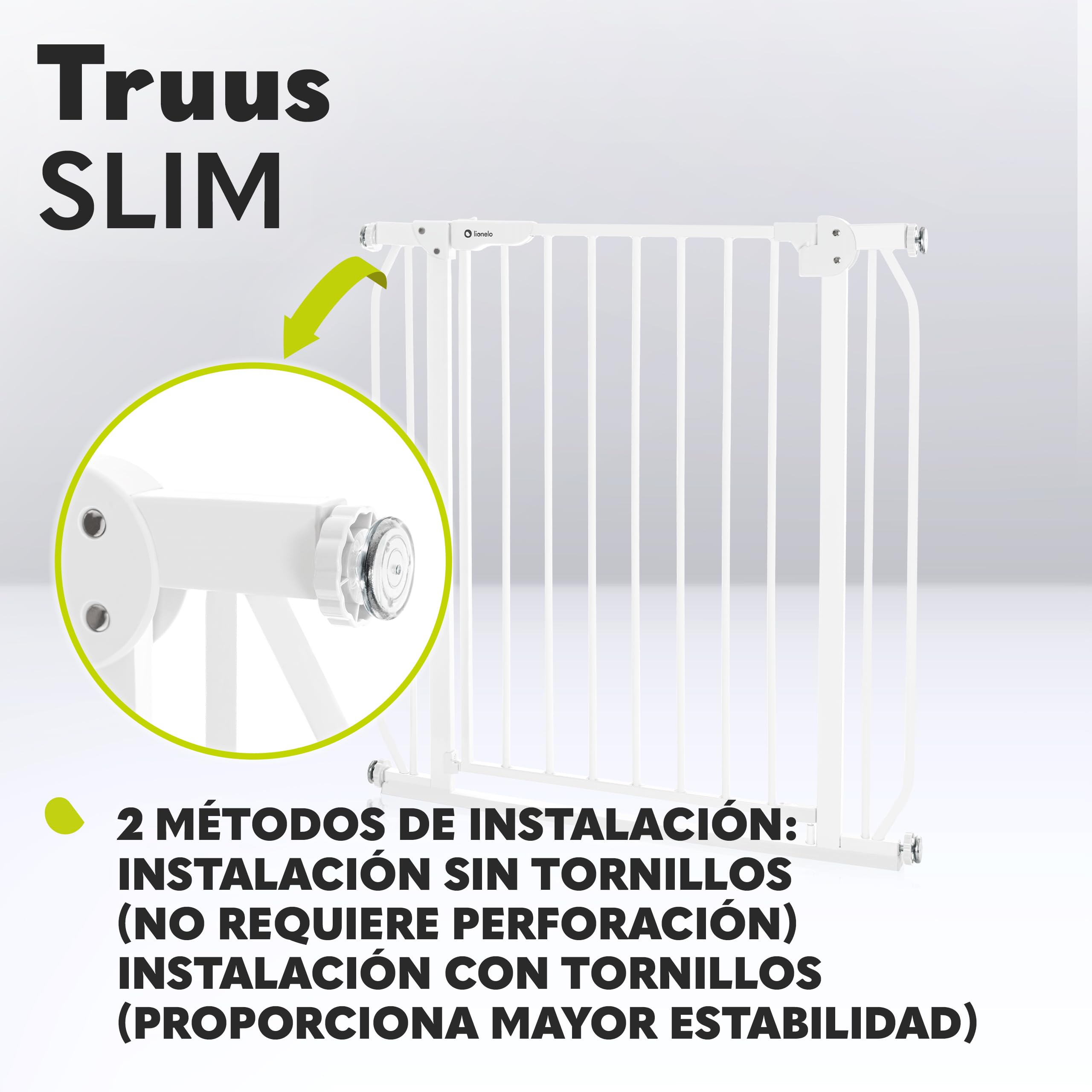 LIONELO Truus Slim - Rejilla de protección para escaleras, sin taladrar, Rejilla Protectora para Puerta, Rejilla para Puerta para bebé, Metal, Ancho de 75 a 105 cm, Ajustable