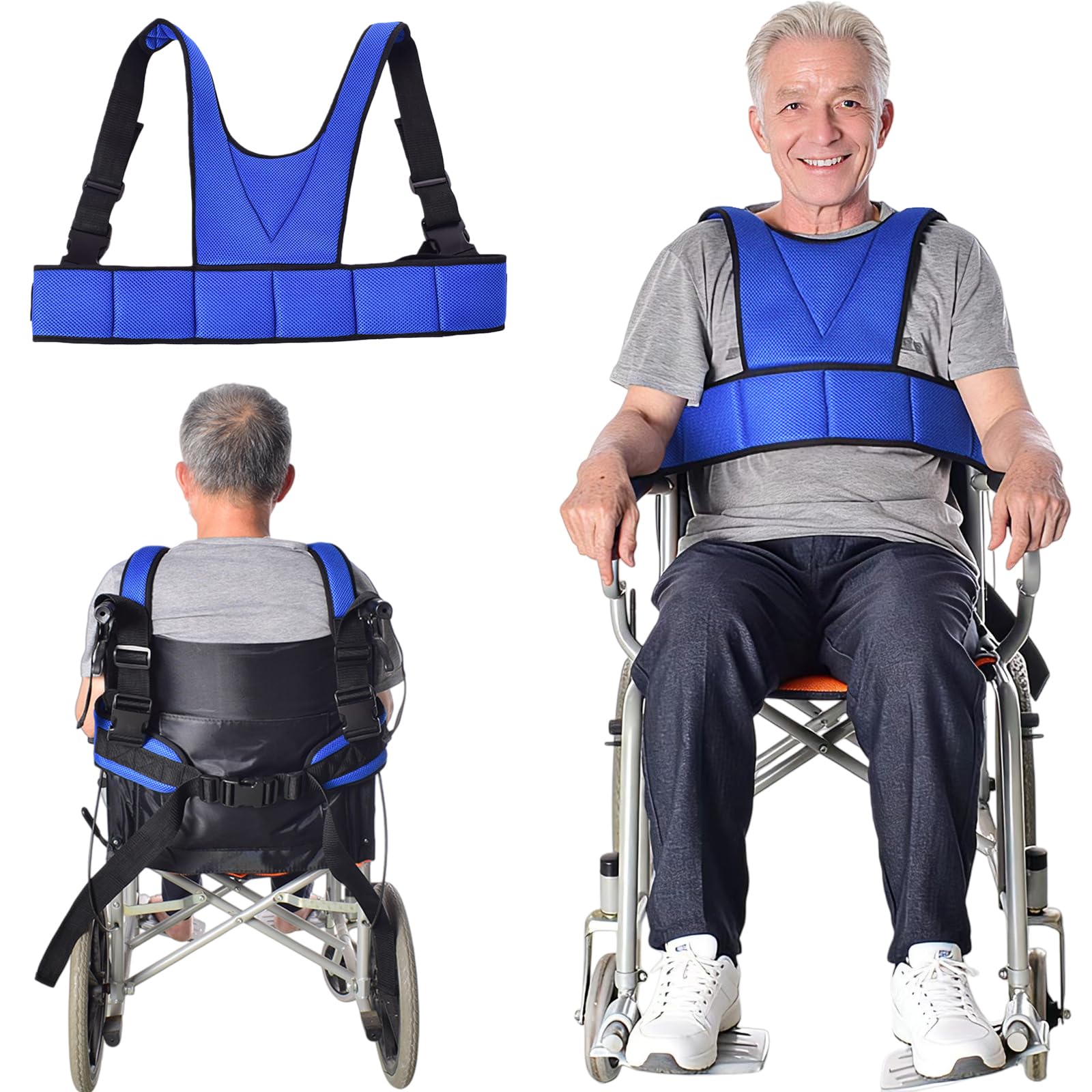 Wheelchair Seat Belt,Wheelchair Harness for Adults,Torso Support Vest Restraint with Adjustable Straps,Suitable for Dementia Patients,The Elderly,Pregnant,Paralyzed(Blue)