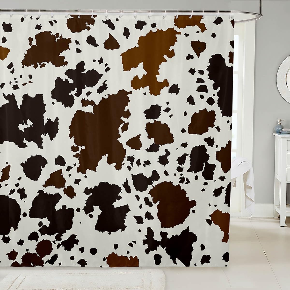 Erosebridal Brown Cowhide Shower Curtain Set Western Animals Shower Curtain,Black White Longhorn Highland Cow Skin Bath Curtain Animal Hide Fur Hair