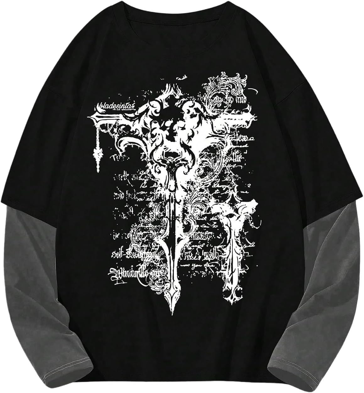 SOLY HUX Men's Graphic Tees Y2K Gothic Tops Long Sleeve Crewneck Color Block 2 in 1 T Shirt Vintage Streetwear Clothes