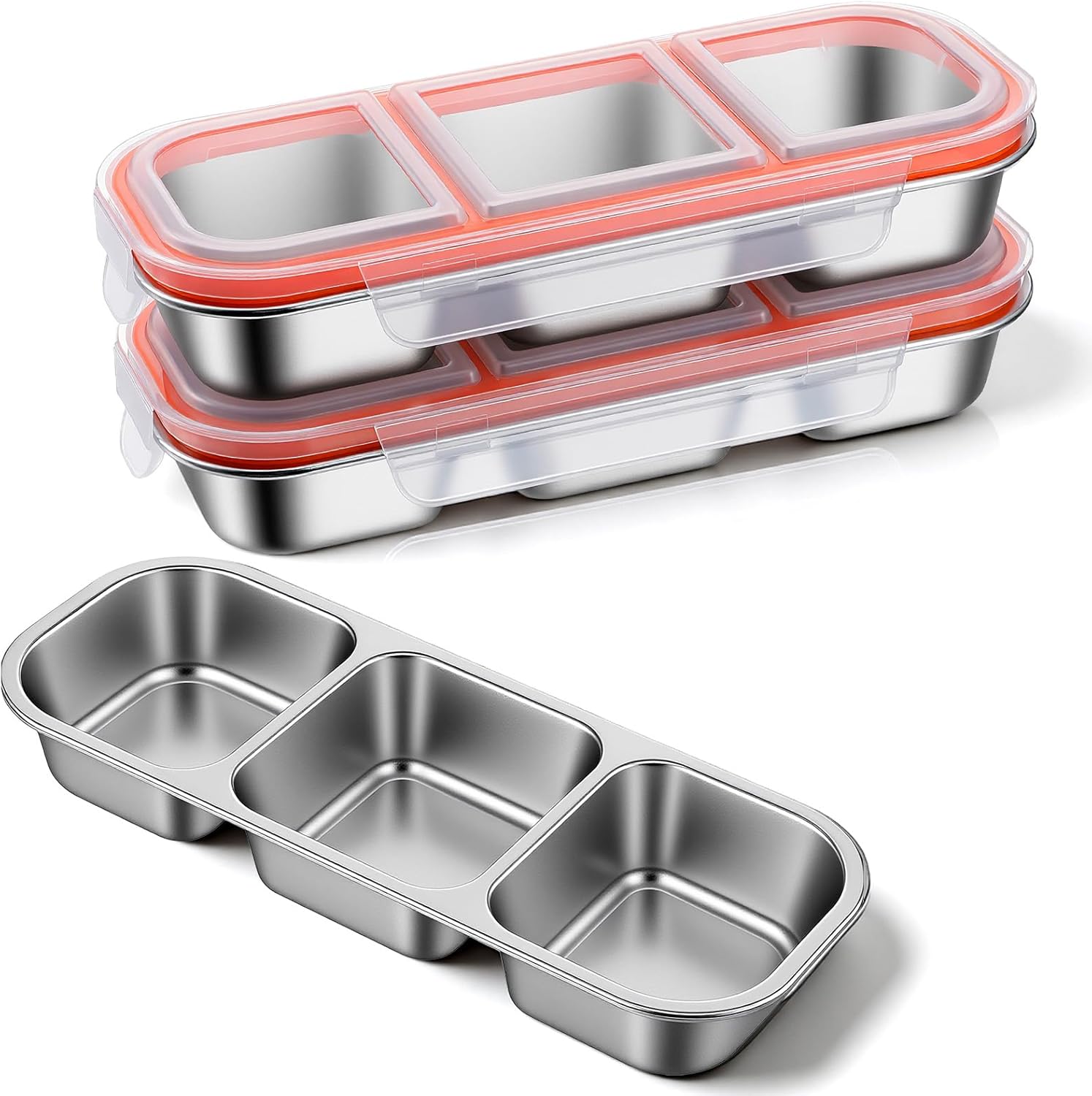 3PCS Stainless Steel Snack Containers With Lids, Reusable 3 Compartment Bento Container for Food Storage and Prep, Metal Stackable Leakproof Lunch Box for Daycare Work Travel
