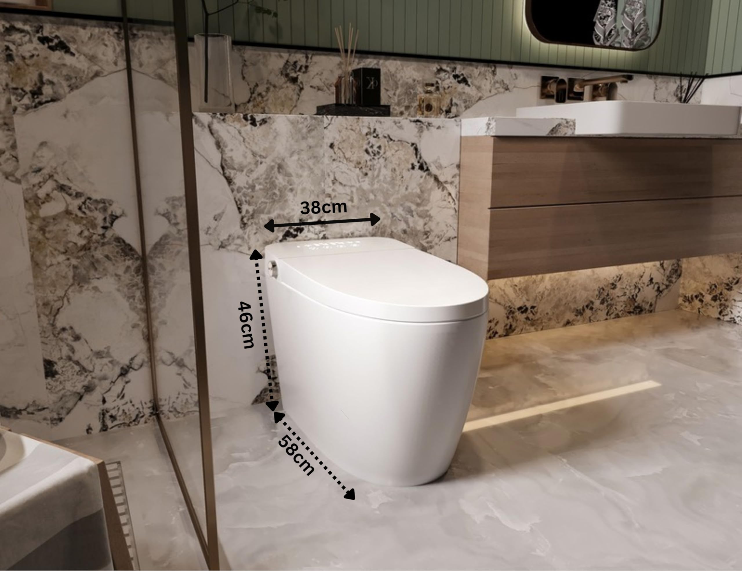Nashi - Inodoro Japones | WC con Bidet | Agua Caliente, Taza calefactable y Secado | Asiento con Apertura y Cierre Automático | Autolimpieza y Esterilizador UV (Desagüe salida a suelo)