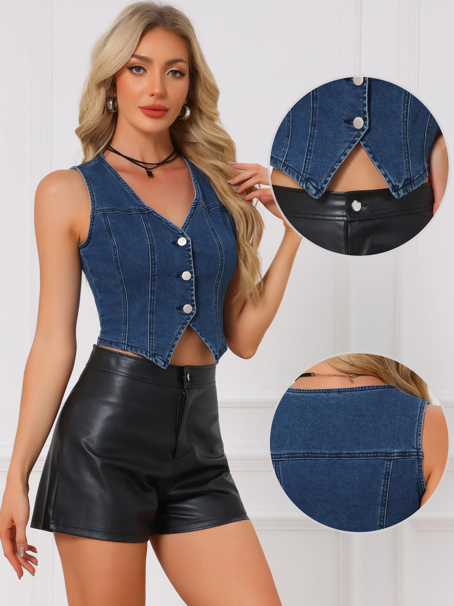 Allegra K Gilet en Jean Femme Boutonné Veste Courte sans Manches Col en V Style Cowboy
