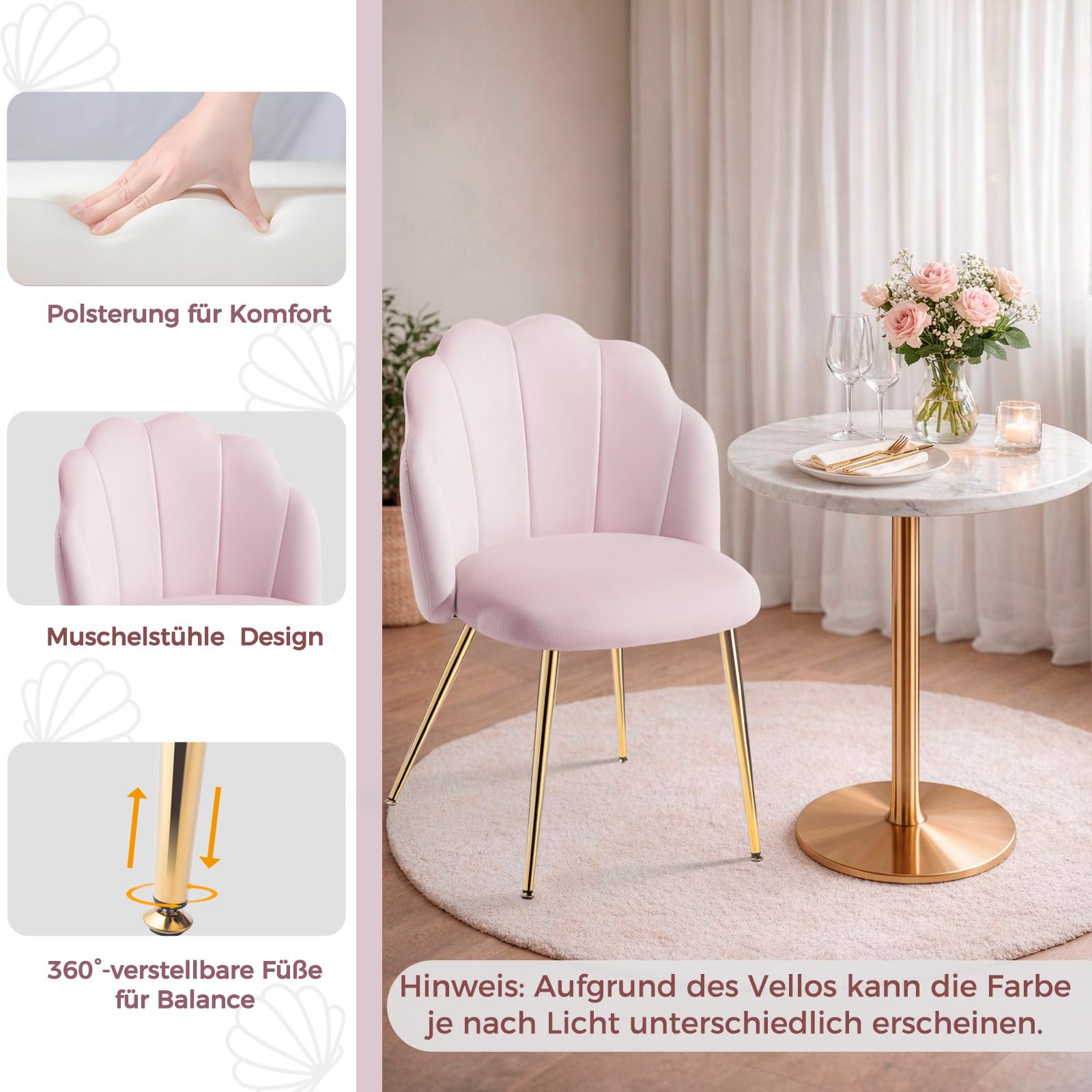 Schminkstuhl Rosa mit Goldbeinen – Schminktisch Stuhl Glamouröser Muschel Sessel | Vanity Chair Pink | Polsterstuhl für Schlafzimmer, Mädchenzimmer – Aesthetic Decor