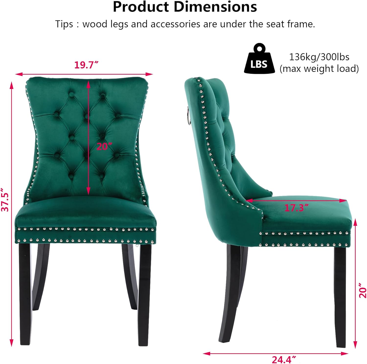 Velvet Dining Chairs Set of 2, Upholstered Tufted Dining Room Chairs with Nailhead Trim Wood Legs Pull Ring, Armless Wingback Kitchen Chairs for Living Room Office, Green
