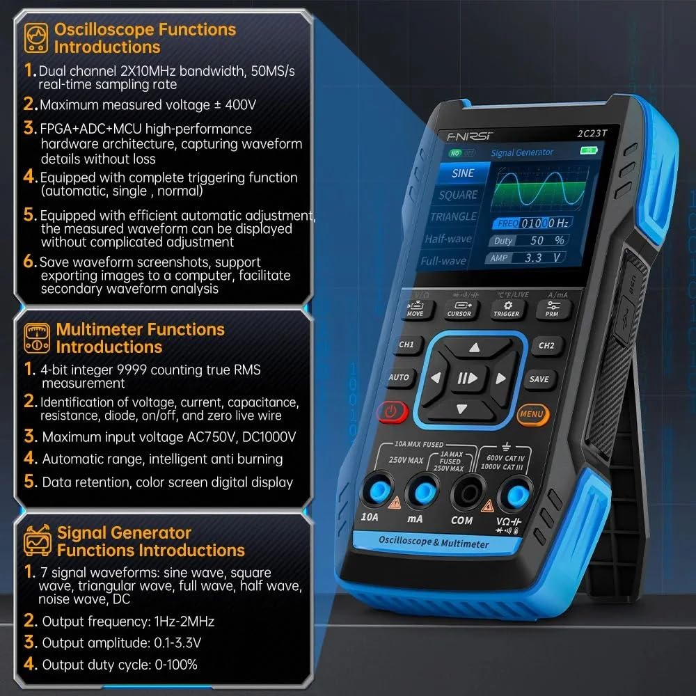 Yellow Tommy Handheld Dual Channel 3-in-1 10MHz 50MS/s Oscilloscope + Digital Multimeter + DDS Function Generator | 2C23T | - Image 9 thumbnail