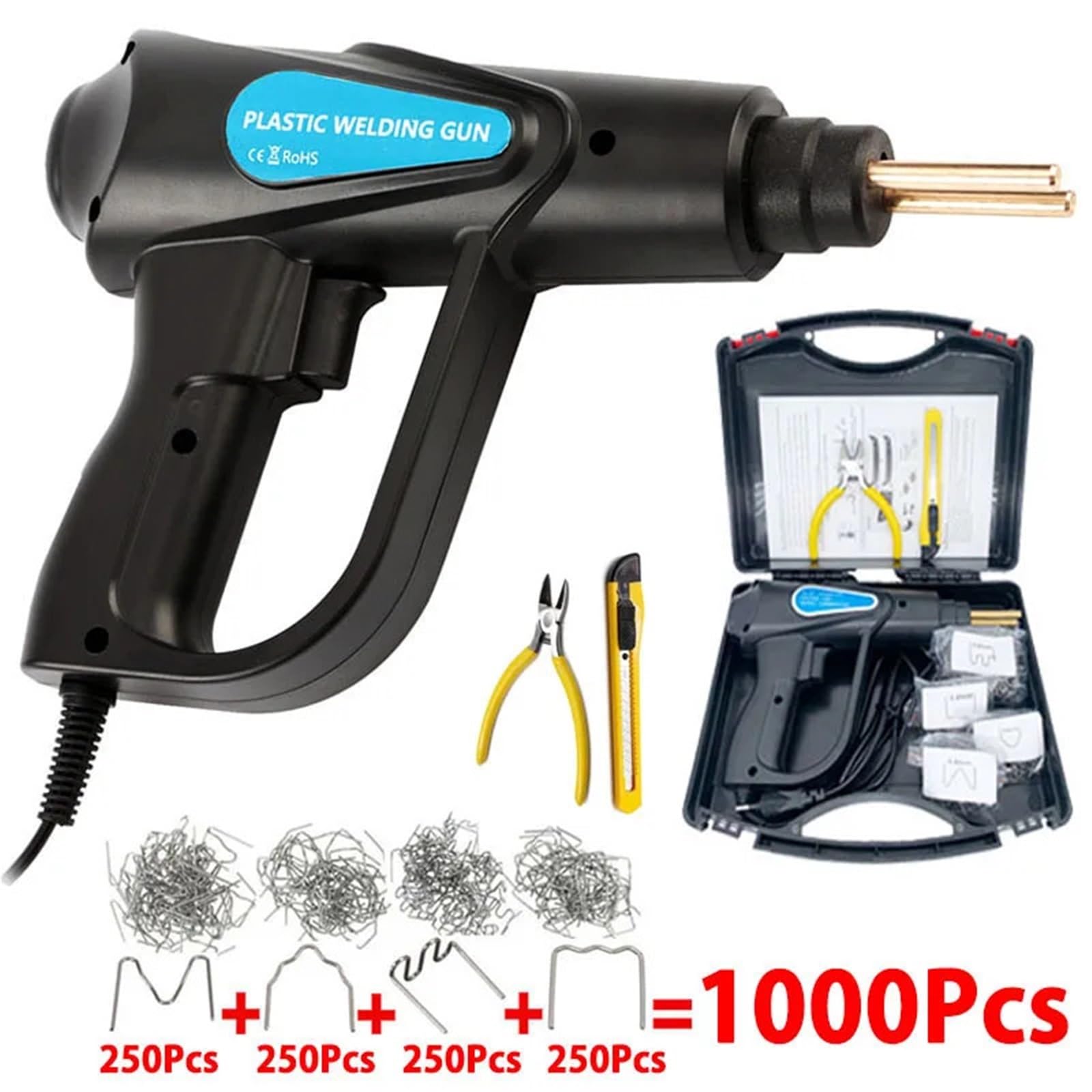 Zestaw lutowania 70W Plastikowa Spawarka Plastikowa Spawarka Zestaw Naprawczy Zderzaka Samochodowego Z 200/600/1000 Sztuk Gorących Zszywek(Gun with 1000)