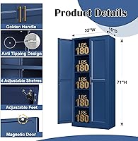Vista 3 de Gabinete de despensa de cocina, gabinetes de almacenamiento de despensa de metal azul de 71" con puertas y 4 estantes ajustables, gabinete de cocina