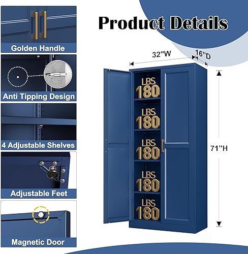 Miniatura 3 de Gabinete de despensa de cocina, gabinetes de almacenamiento de despensa de metal azul de 71" con puertas y 4 estantes ajustables, gabinete de cocina