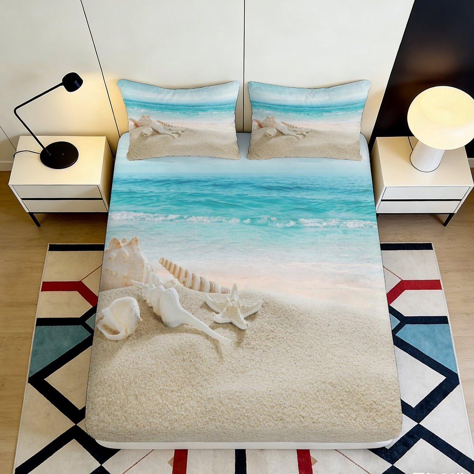 3D Printed Beach Seashell Fitted Sheet Microfiber Soft Sand Ocean Mattress Cover for Bedroom Guest Room Decor 90x200x25cm