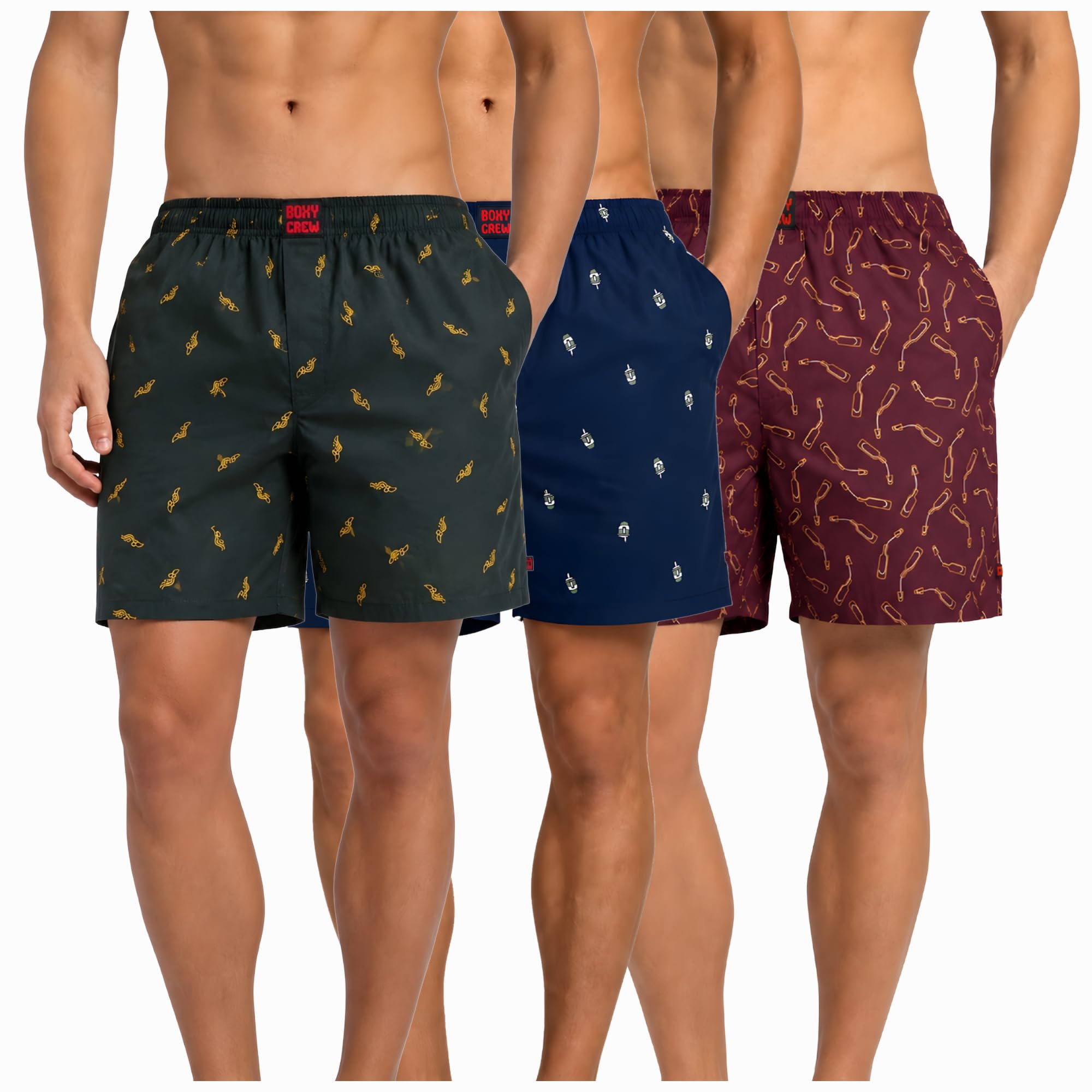 Men's 100% Cotton Boxer Shorts Pack of 3, Dark Teal, Navy Blue & Maroon | Woven Boxers with Side Pockets, No-Marks Elastic Waistband, Breathable Relaxed Fit | Style 010-011-014-image-43