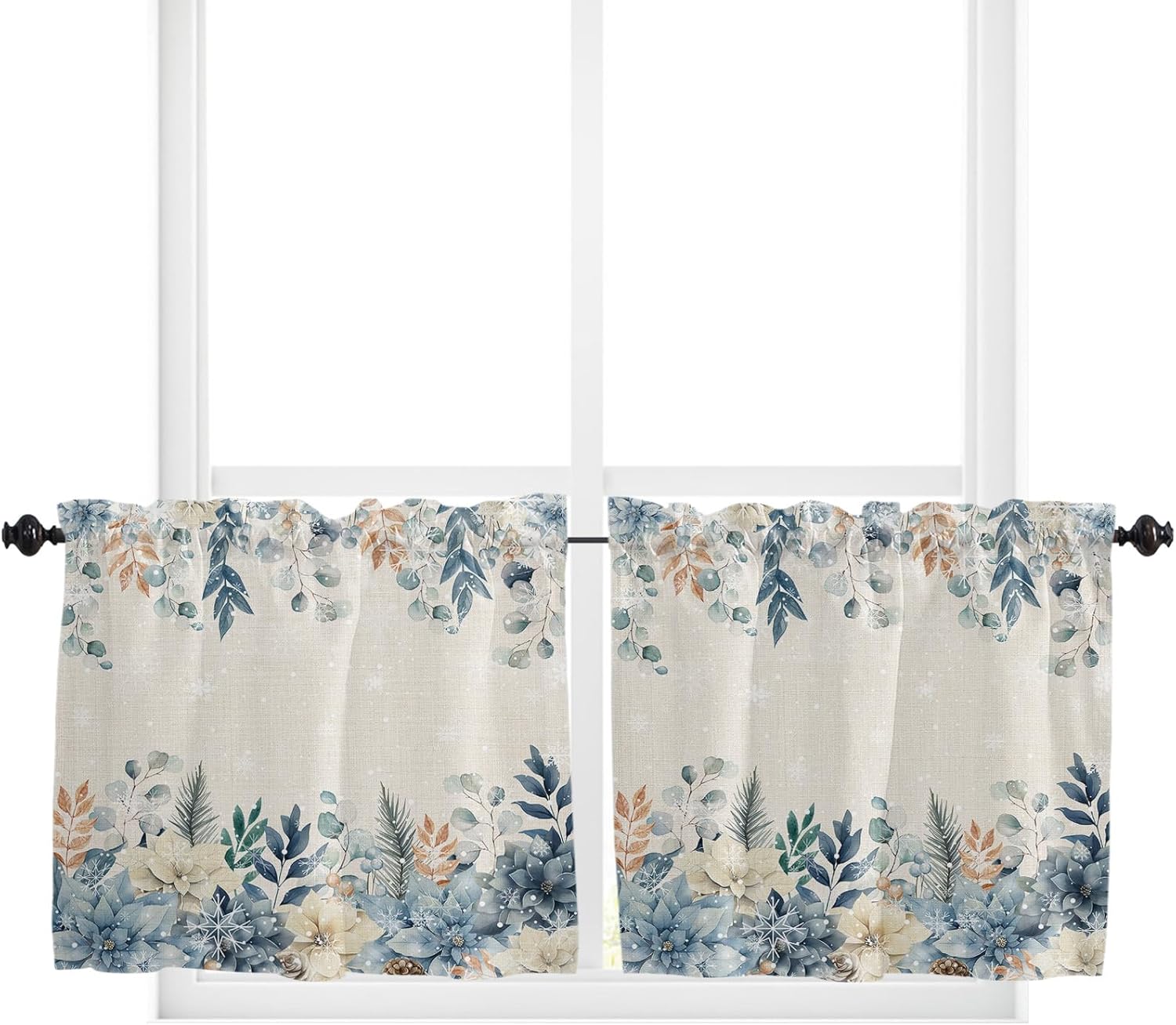 Christmas Eucalyptus Kitchen Curtain 2 Panels Tiers Curtains 36 Inch Length, Curtains Rod Pocket Curtains Window Drapes Treatment Window Cafe Curtains 55''x36'' Winter Snowflake Farmhouse Flower