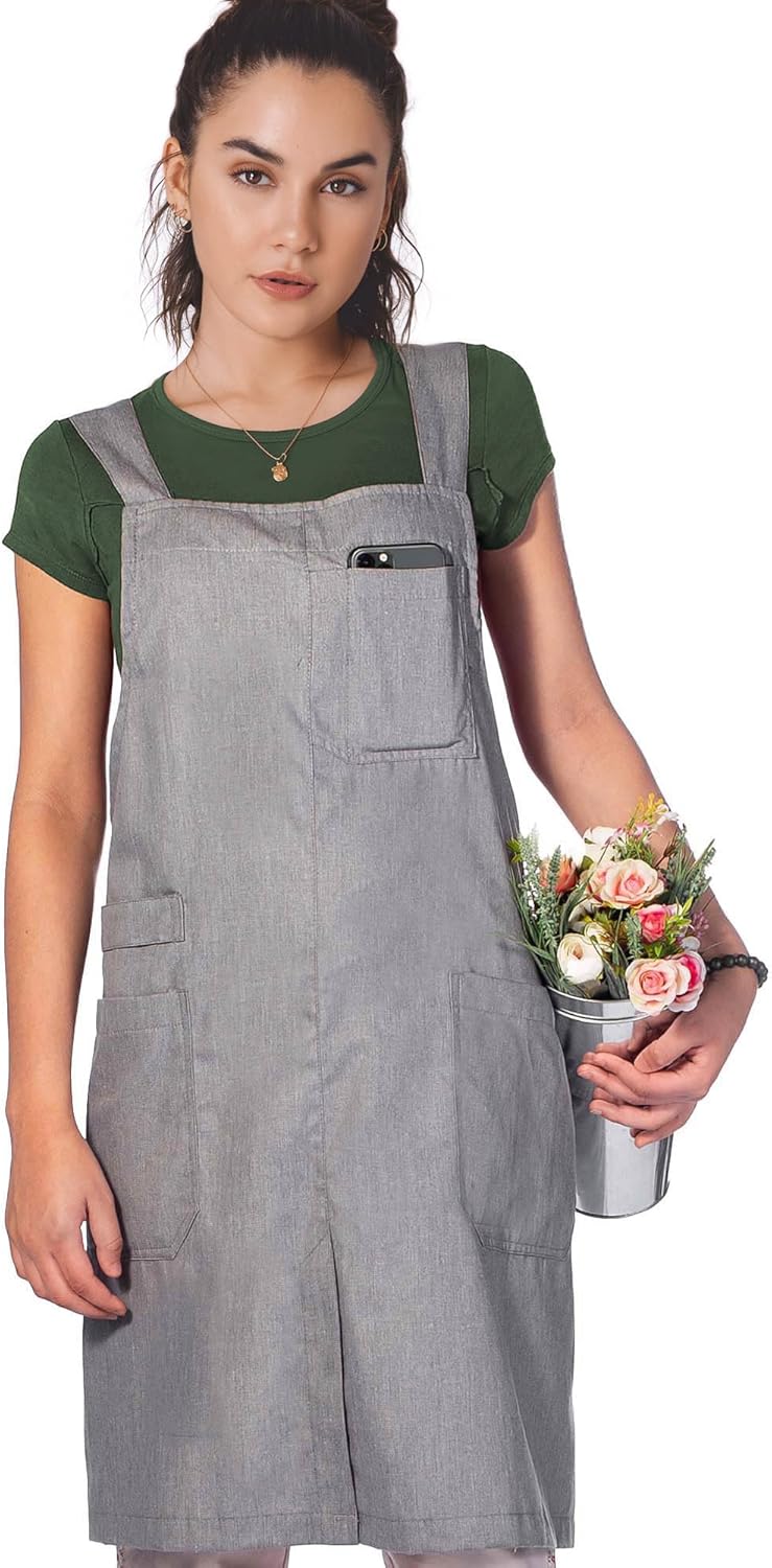 Under NY Sky Cross Back Apron - 3 Pockets, Loop, Split-Leg, UV Protection Fabric, Crossover Style Smock (Blue)