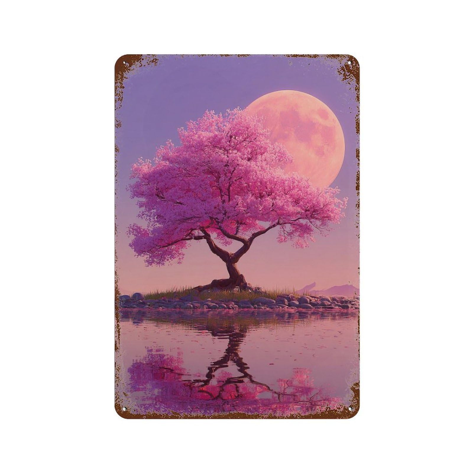 Weathered Tin Sign with Cherry Blossom Moon Reflection Design 11.8"x7.9", for Office, Studio And Wall Decor, Retro Wall Decor