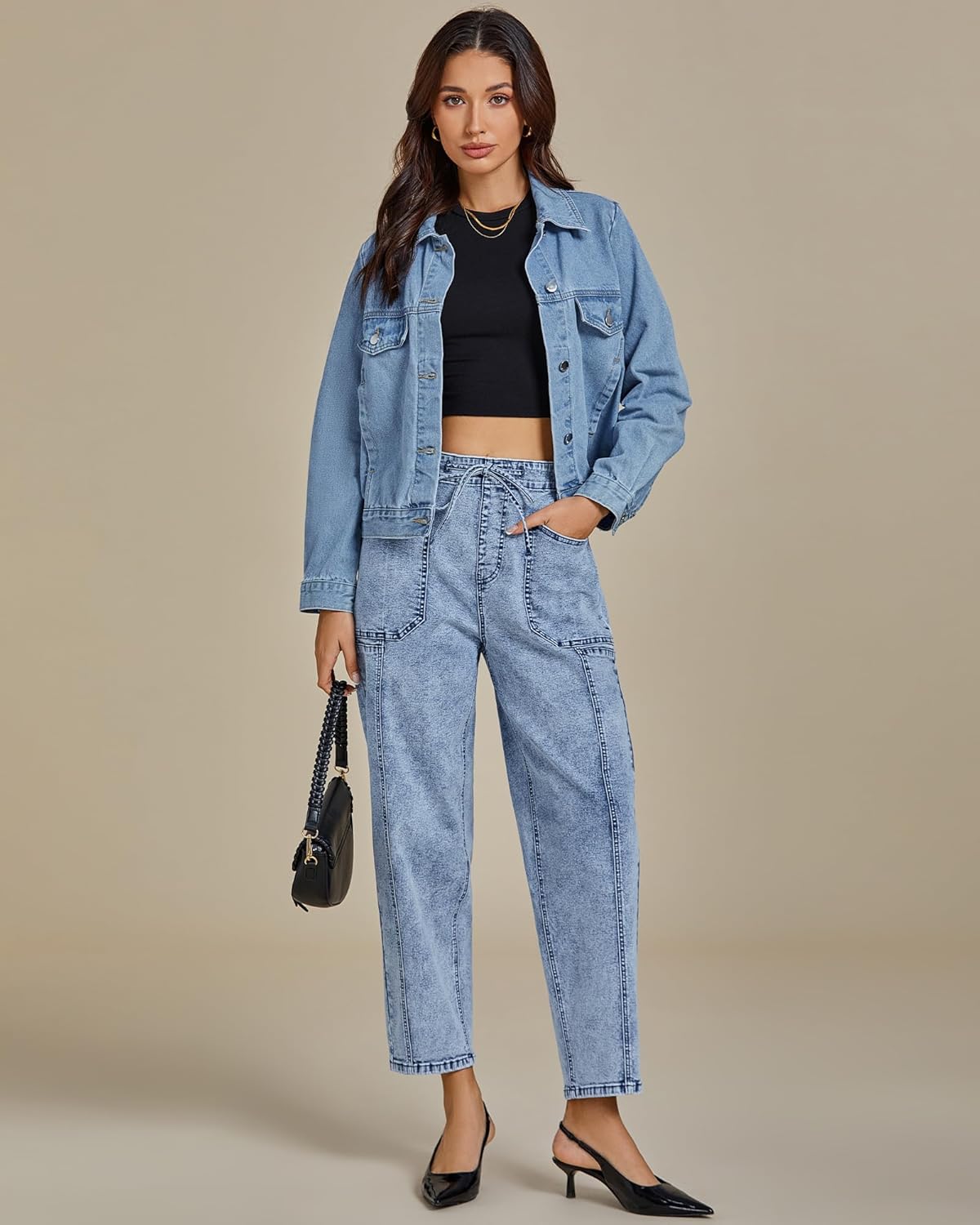 luvamia Barrel Jeans Women Trendy High Waisted Pull On Drawstring Elastic Waist Stretchy Denim Baggy Pants with Pocket - Image 7