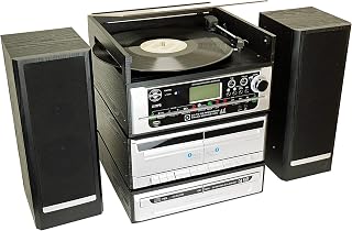 Steepletone Capitol Music Stack System, CD Burner. CD RECORDING 6-in-1 Modular Music System. Vinyl Record Turntable, Twin CD, Twin Cassette. MP3, USB, FM Radio, AUX, Remote. Amp/Speakers. Black/Silver