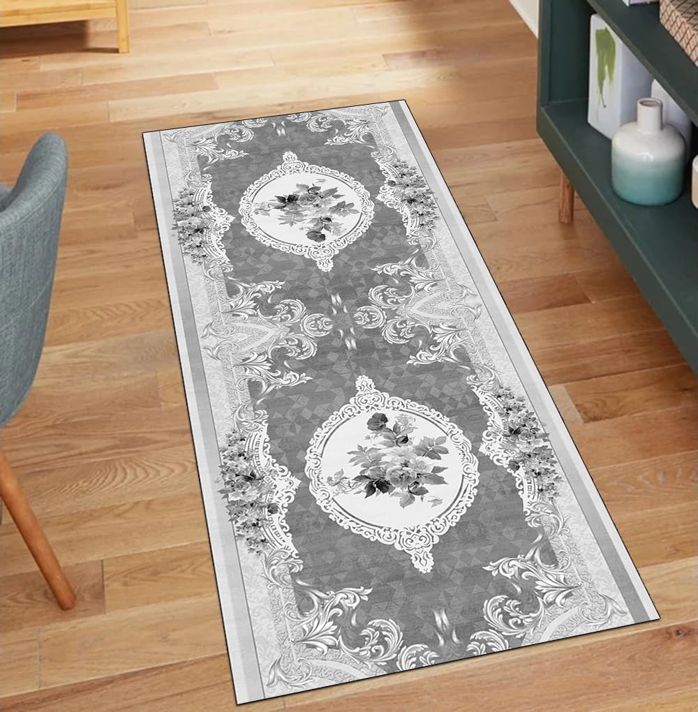 Alfombra de pasillo antideslizante gris lavadora 60 x 220 cm estilo vintage