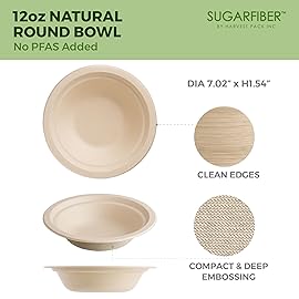[600 Count] Harvest Pack PFAS Free 12oz Round Compostable Paper Bowls Bulk, Disposable Heavy-Duty Eco-Friendly Bagasse Bowls, Sugarcane Natural Plant fibers for Meal Prep Takeout Dinnerware